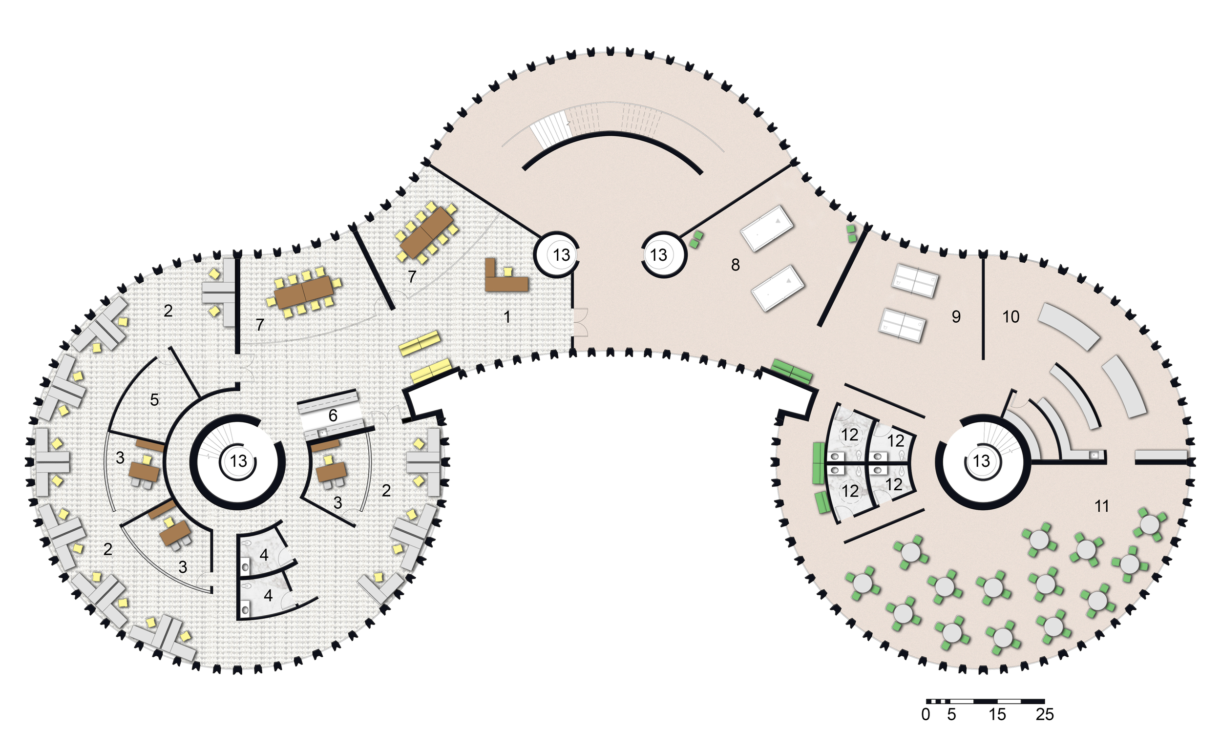 Second Level Floor Plan 1.Office Reception 2.Open Workspace 3.Private Office 4.Private Restroom 5.Storage 6.Kitchenette 7.Conference Room 8.Game Table Space 9.Game Table Space 10.Cafeteria 11.Lunchroom/Tabletop Game Room 12.Private Restrooms 13.Existing Elevators