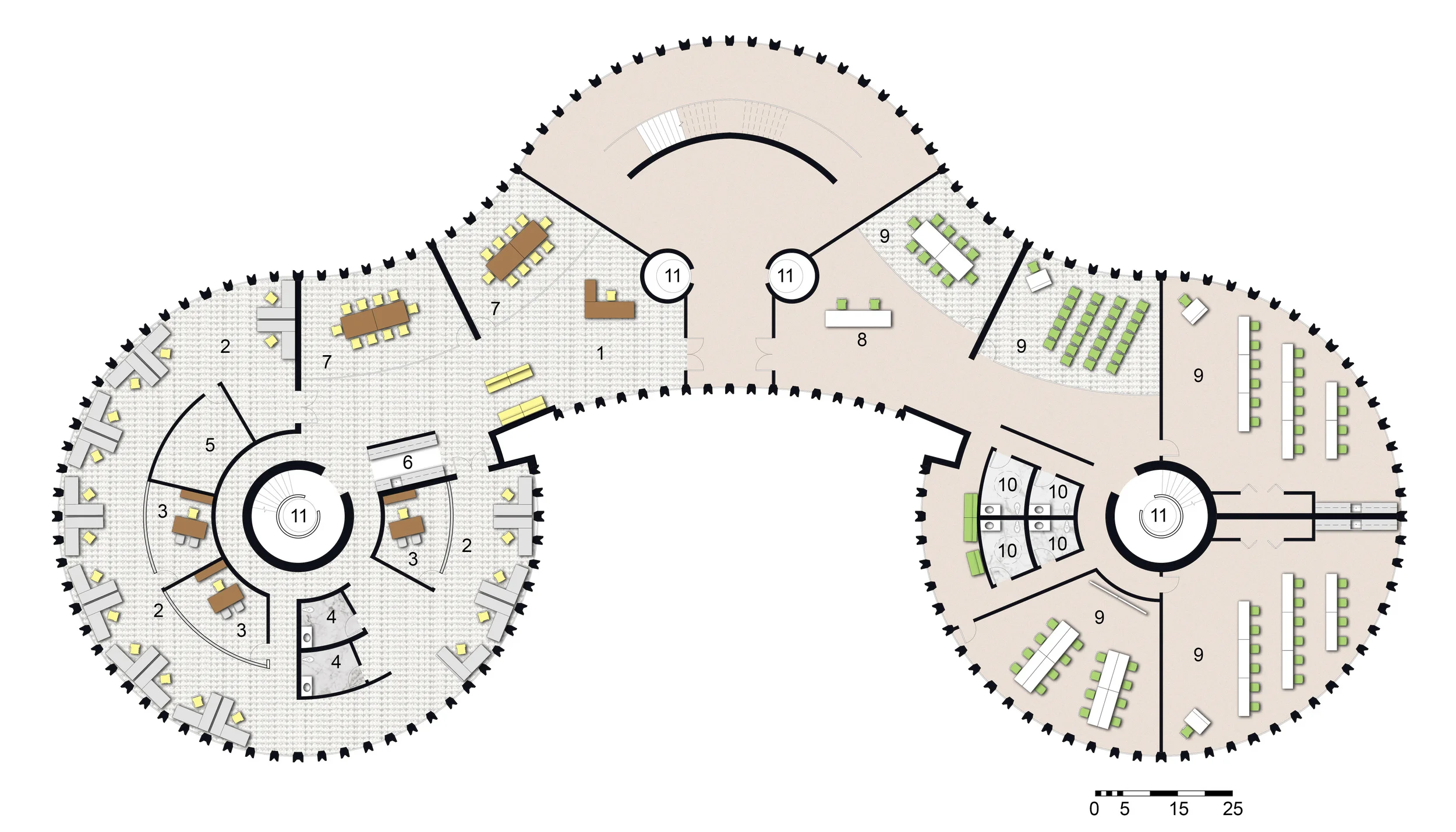 Third & Fourth Level Floor Plan 1.Office Reception 2.Open Workspaces 3.Private Office 4.Private Restrooms 5.Storage 6.Kitchenette 7.Conference Room 8.Information Desk 9.Classrooms/Meeting Rooms 10.Private Restrooms 11.Existing Elevators