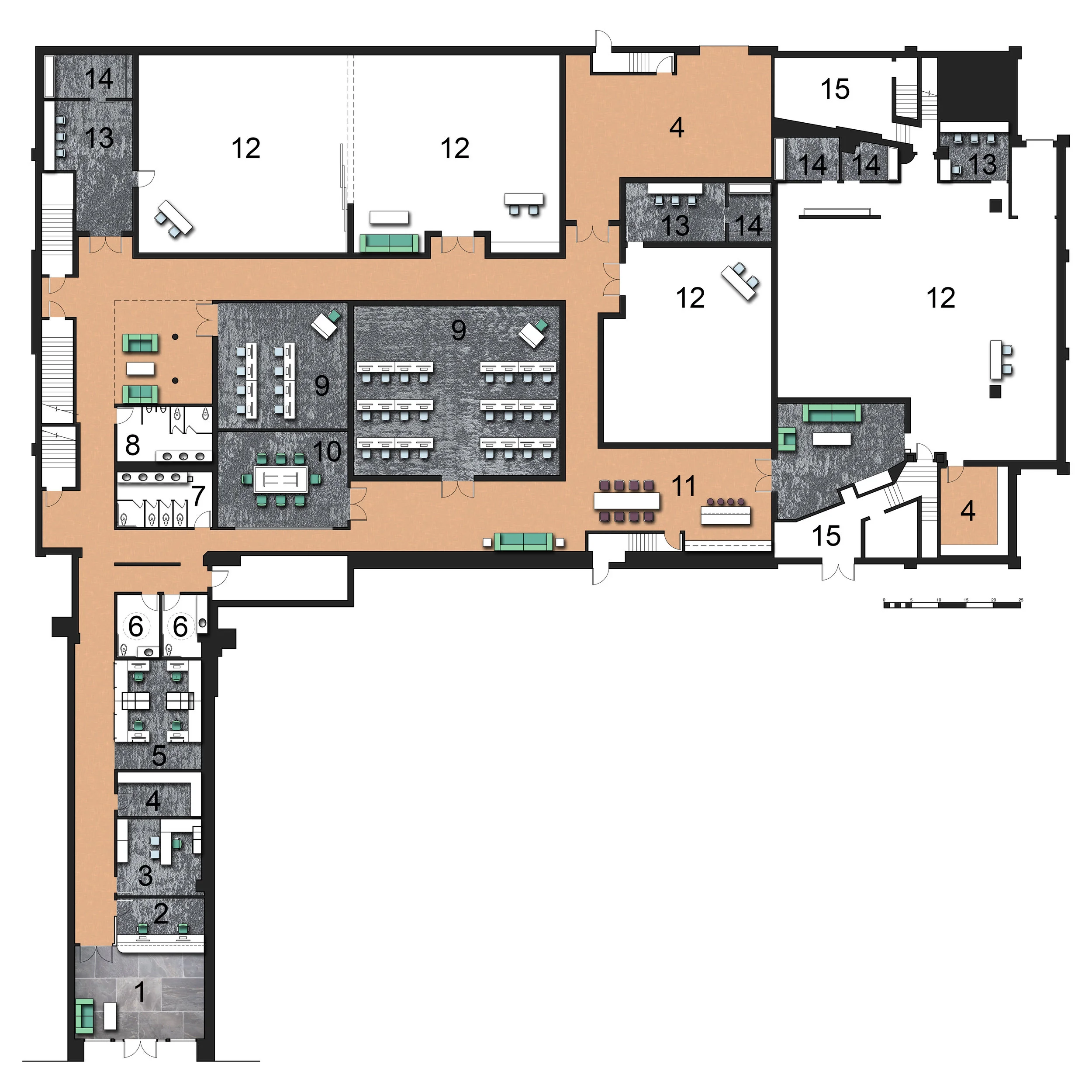 Main Floor Plan 1.Main Entry & Waiting Area 2.Reception 3.Director's Office 4.Storage 5.Open Work Area 6.ADA Restrooms 7.Women's Restroom 8.Men's Restroom 9.Classroom 10.Conference Room 11.Kitchenette 12.Silent Studio 13.Hair & Makeup 14.Dressing Room 15.Utility Area