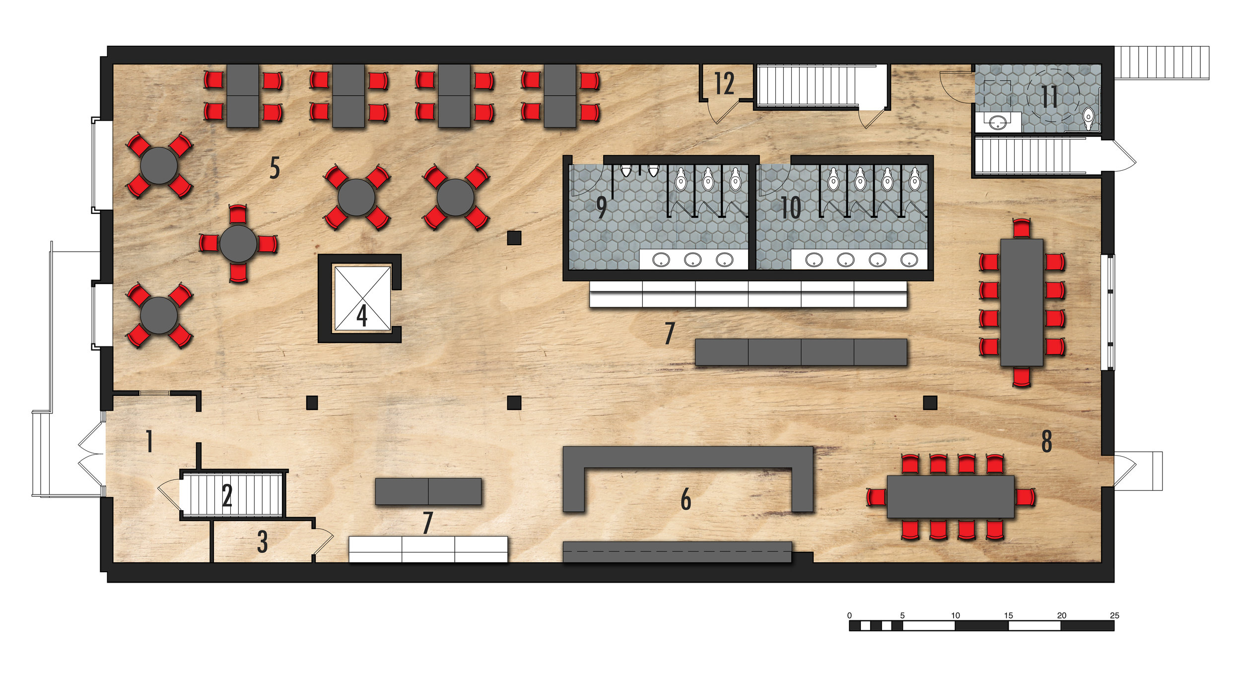 Entry Level Floor Plan 1.Entry 2.Existing Stair to Second Level 3.Storage 4.Existing Elevator5.Cafe Seating 6.Ordering and Sales Counter 7.Grocery 8.Communal Cafe Seating 9.Men's Restroom 10.Women's Restroom 11.ADA Restroom 12.Existing HVAC