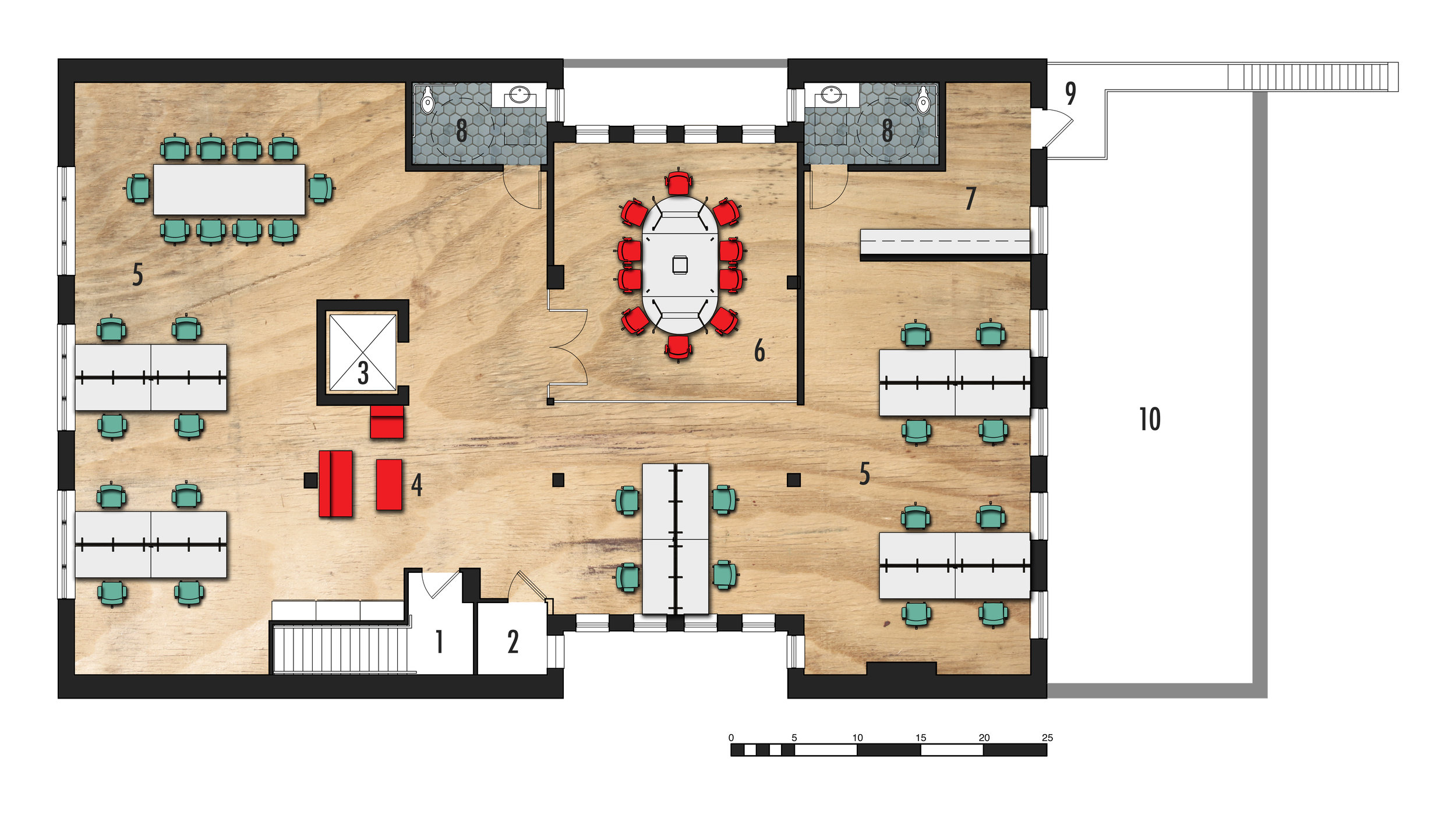 Second Level Floor Plan 1. Existing Stair 2.Existing HVAC 3.Existing Elevator 4.Casual Seating 5.Workspace 6.Conference Room 7.Kitchenette 8.ADA Bathroom 9.Rear Exterior Stair 10.Roof Below