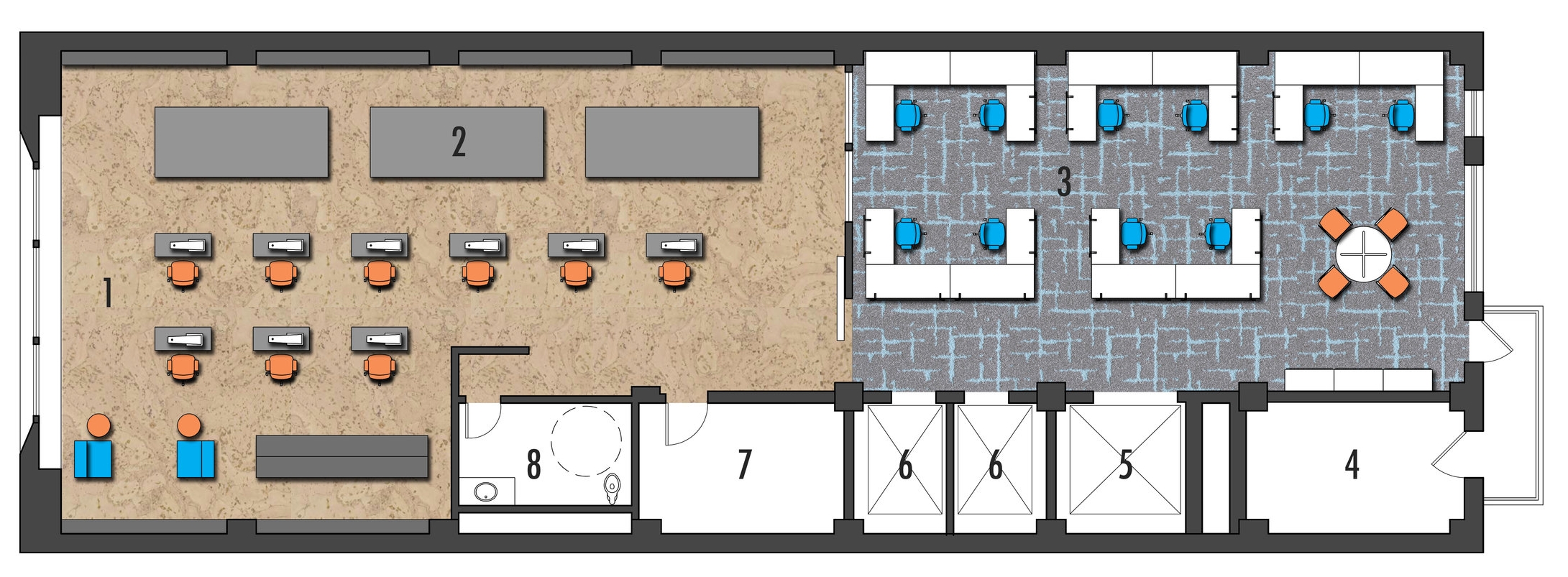 Typical Design/Production Floor 1. Sewing Area 2. Cutting Area 3. Digital Design 4. Fire Stair 5. Freight Elevator 6. Passenger Elevator 7. Main Stair 8. Unisex Restroom