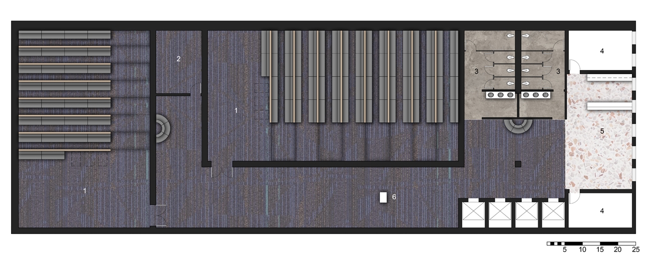 Second & Third Level Floor Plans 1.Theaters 2.Control Room 3.Restrooms 4.Fire Stairs 5.Snack Bar 6.Usher Stand