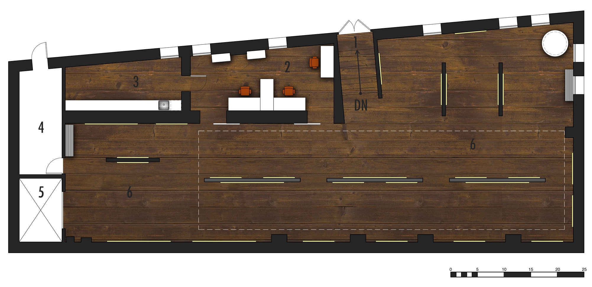 Ground Level Floor Plan 1.Entry Stair 2.Office 3.Storage & Catering Setup 4.Fire Exit 5.Elevator 6.Display Space