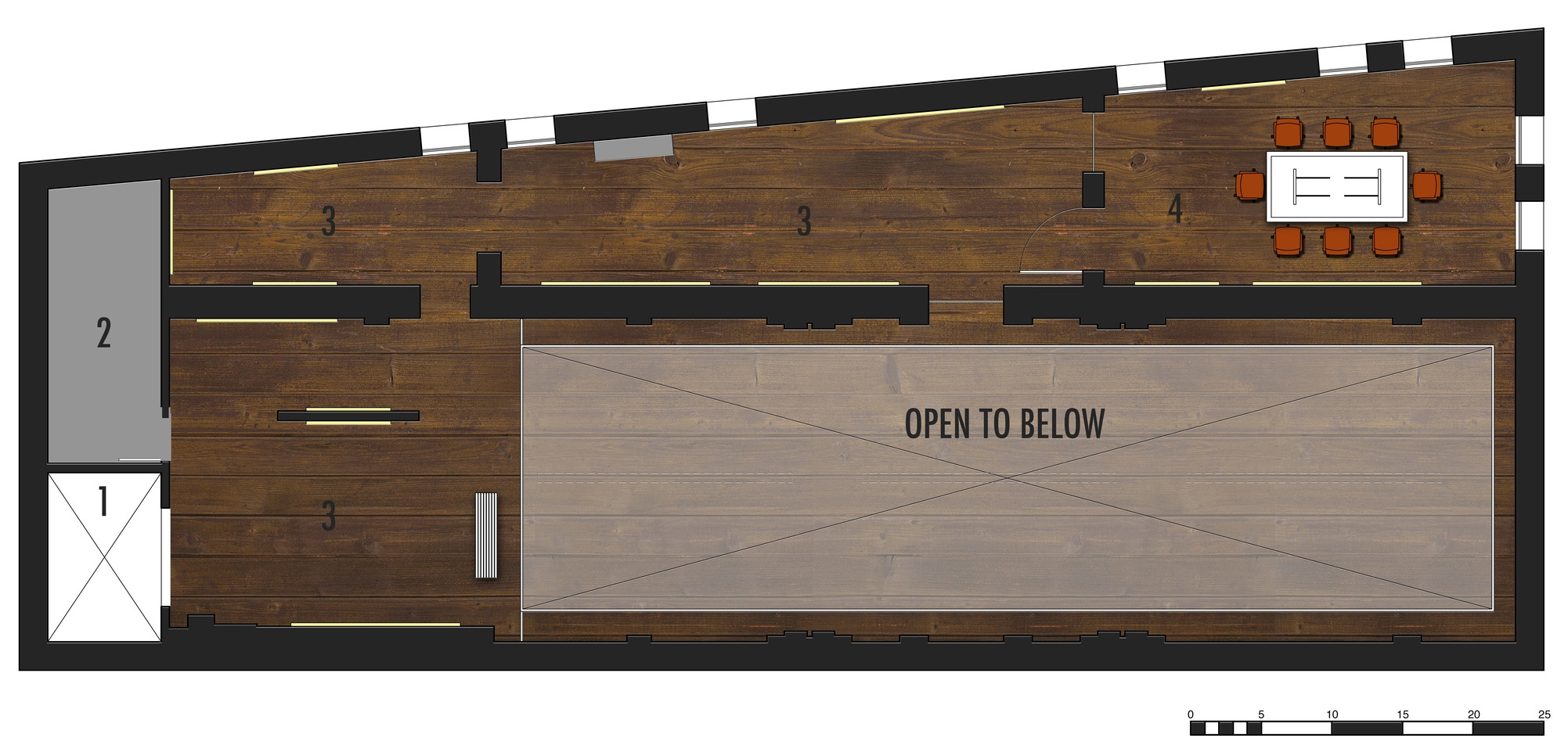 Second Level Floor Plan 1.Elevator 2.Fire Stair 3.Display Space 4.Conference Room