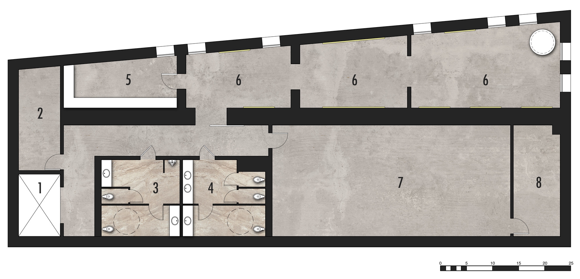 Lower Level Plan 1.Elevator 2.Fire Stair 3.Mens' Restroom 4.Womens' Restroom 5.Storage 6.Galleries 7.Private Artwork Storage 8.Mechanical Room