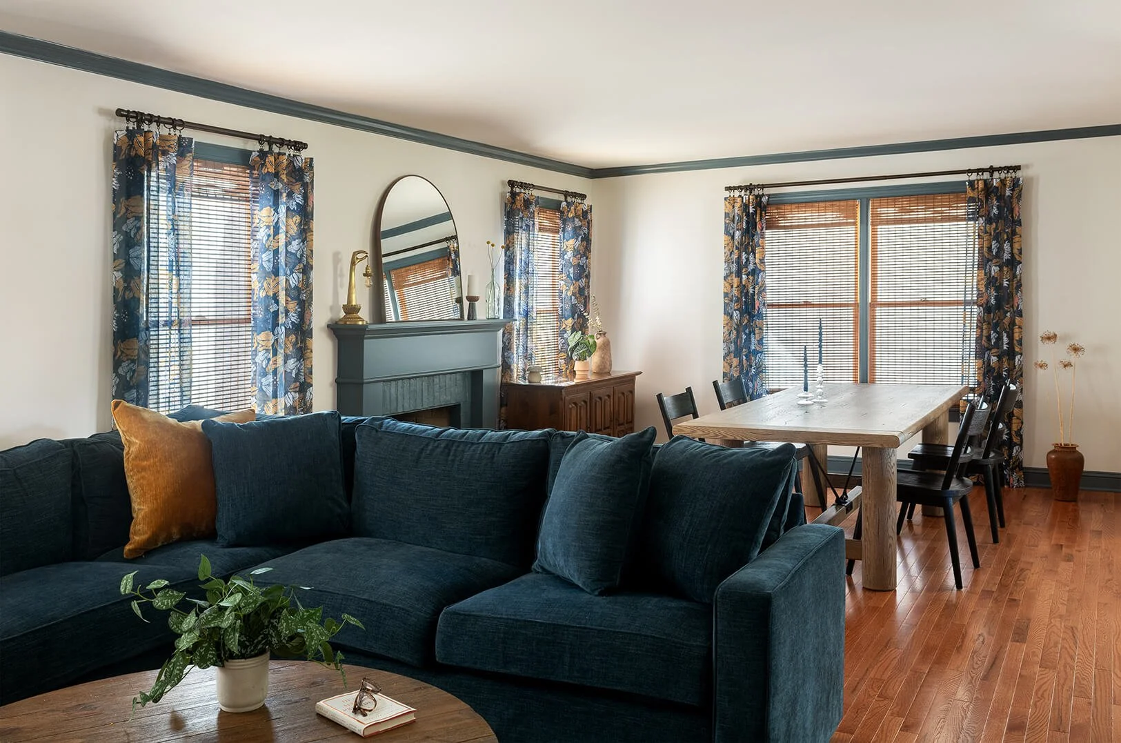 Blue sectional in family room.