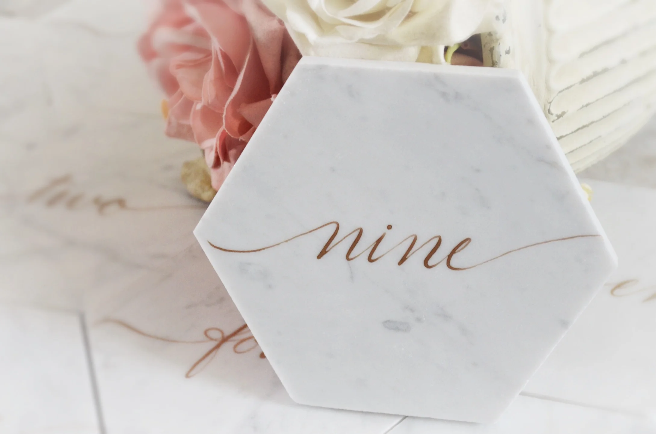 6" Hexagon Marble Tile Table Numbers/Names - $10