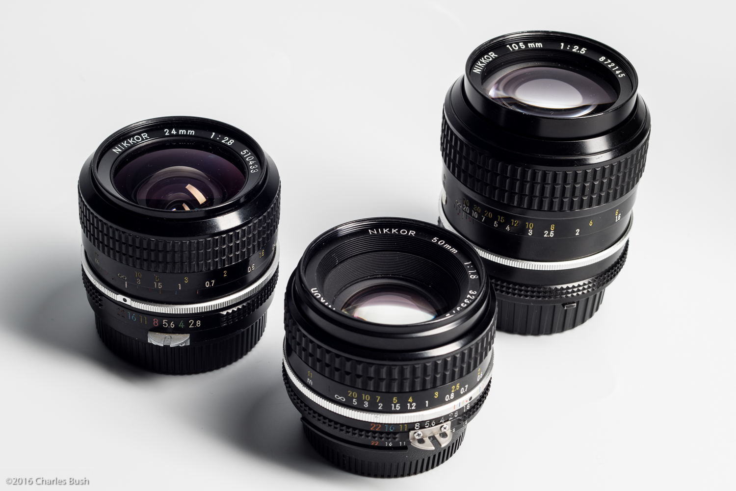 24mm, 50mm, & 105mm Nikon Manual Focus Lenses