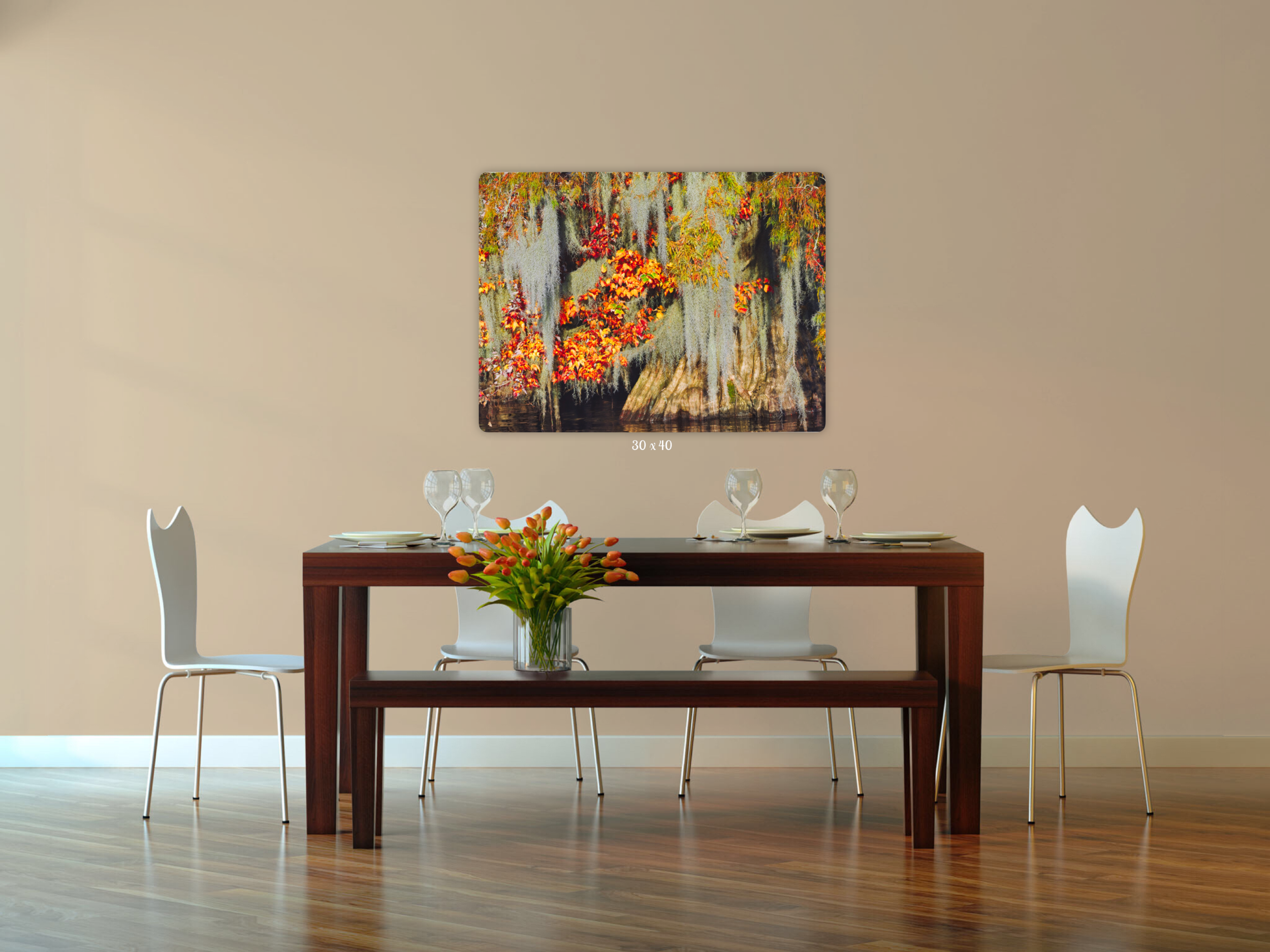Colorful Lake Dauterive Cypress Scene on Dinning Room Wall. 30” x 40” Metal Print.