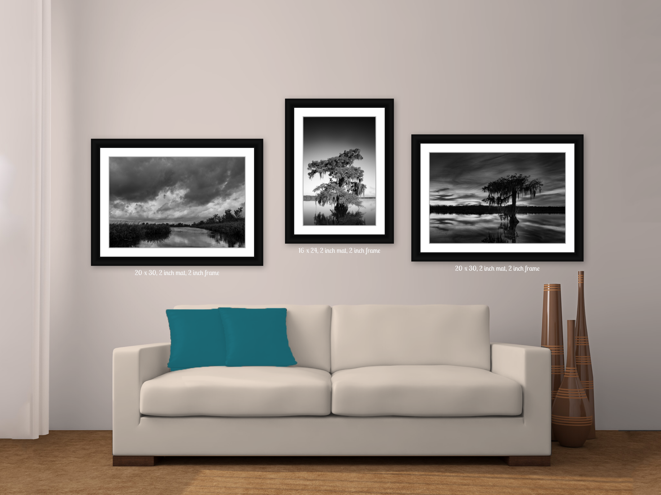 Black and White Swamp Scenes on Living Room Wall. Two 20” x 30” Horizontal Images and Center 16 x 24 Vertical image in a 2” wide Frame with Matte