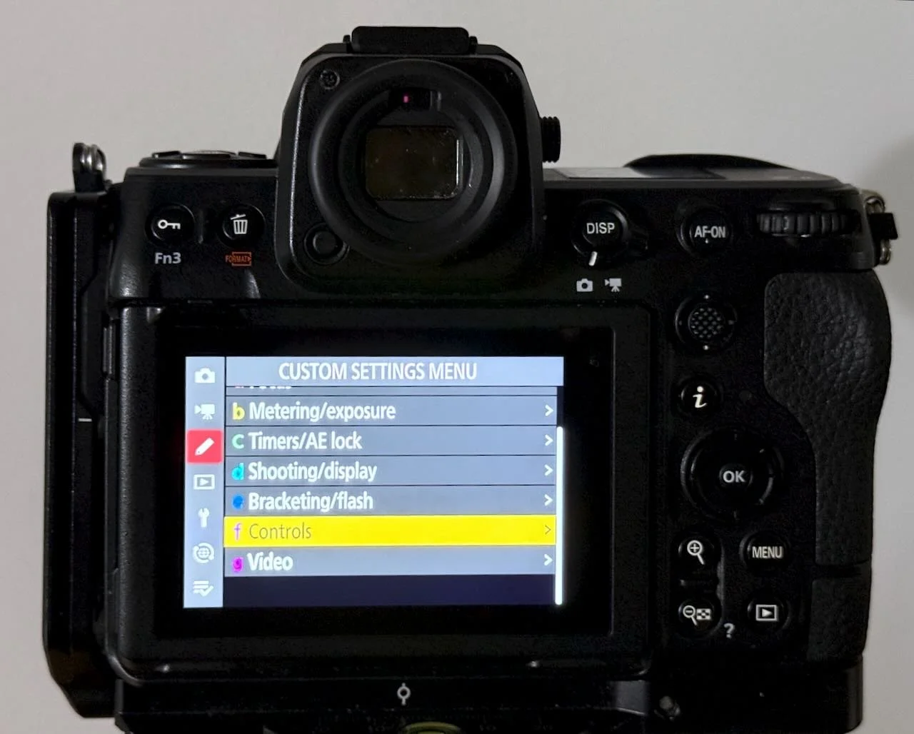 View of the back of a Nikon Z8 showing the custom settings menu