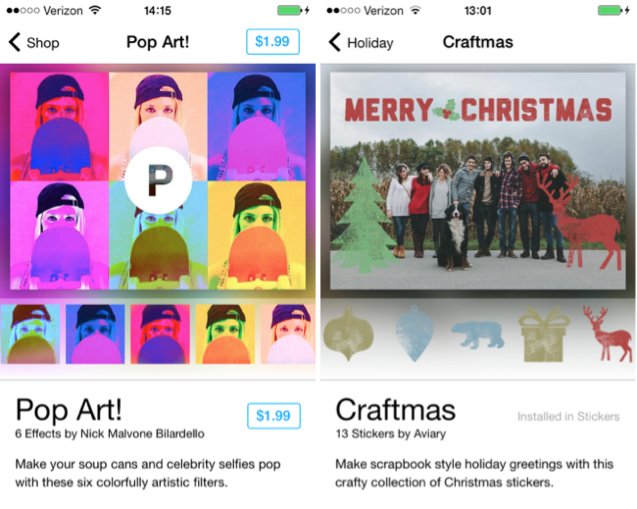 “Pop Art” filter pack and “Craftmas” sticker pack, available in Photo Editor by Aviary