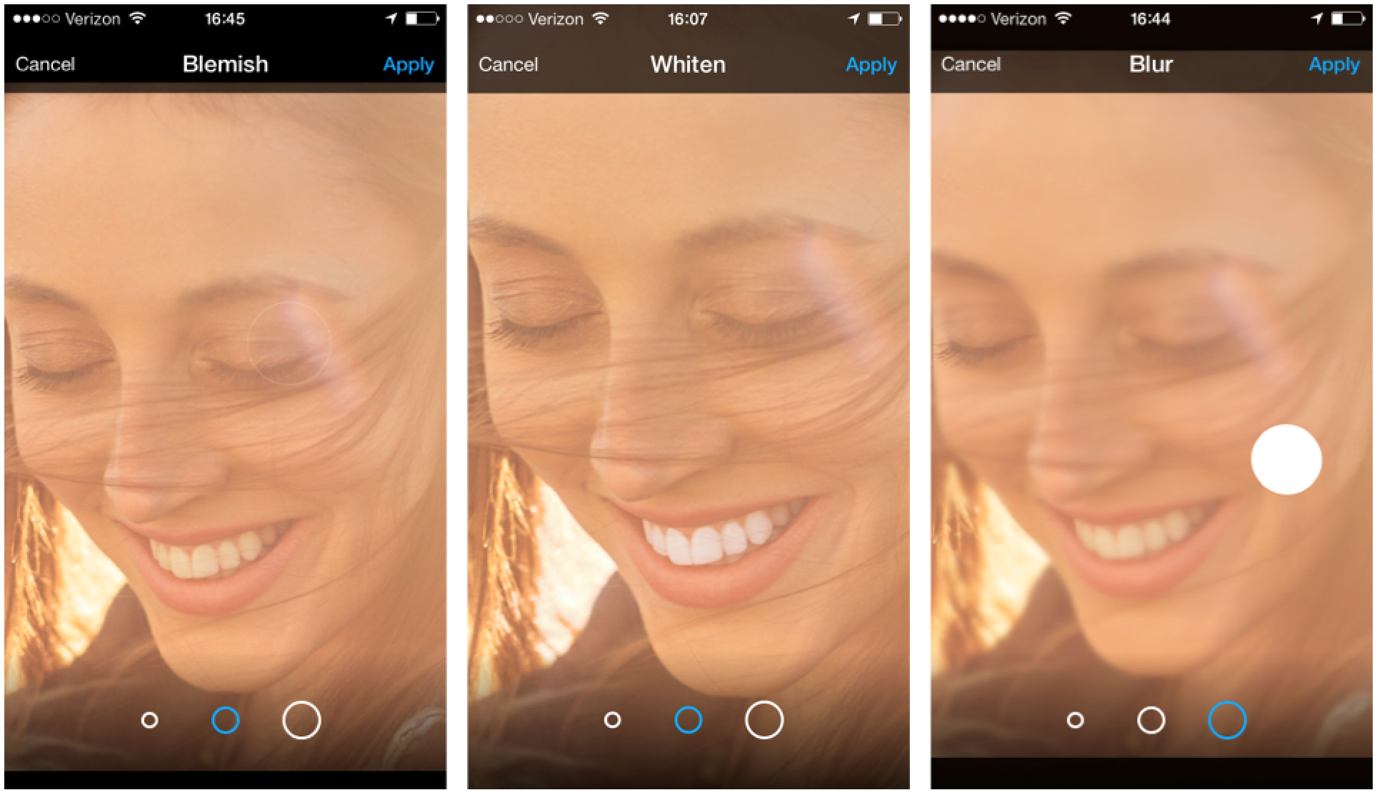 Style your selfies with our all-new blemish tool, teeth whiten tool and blur tool.