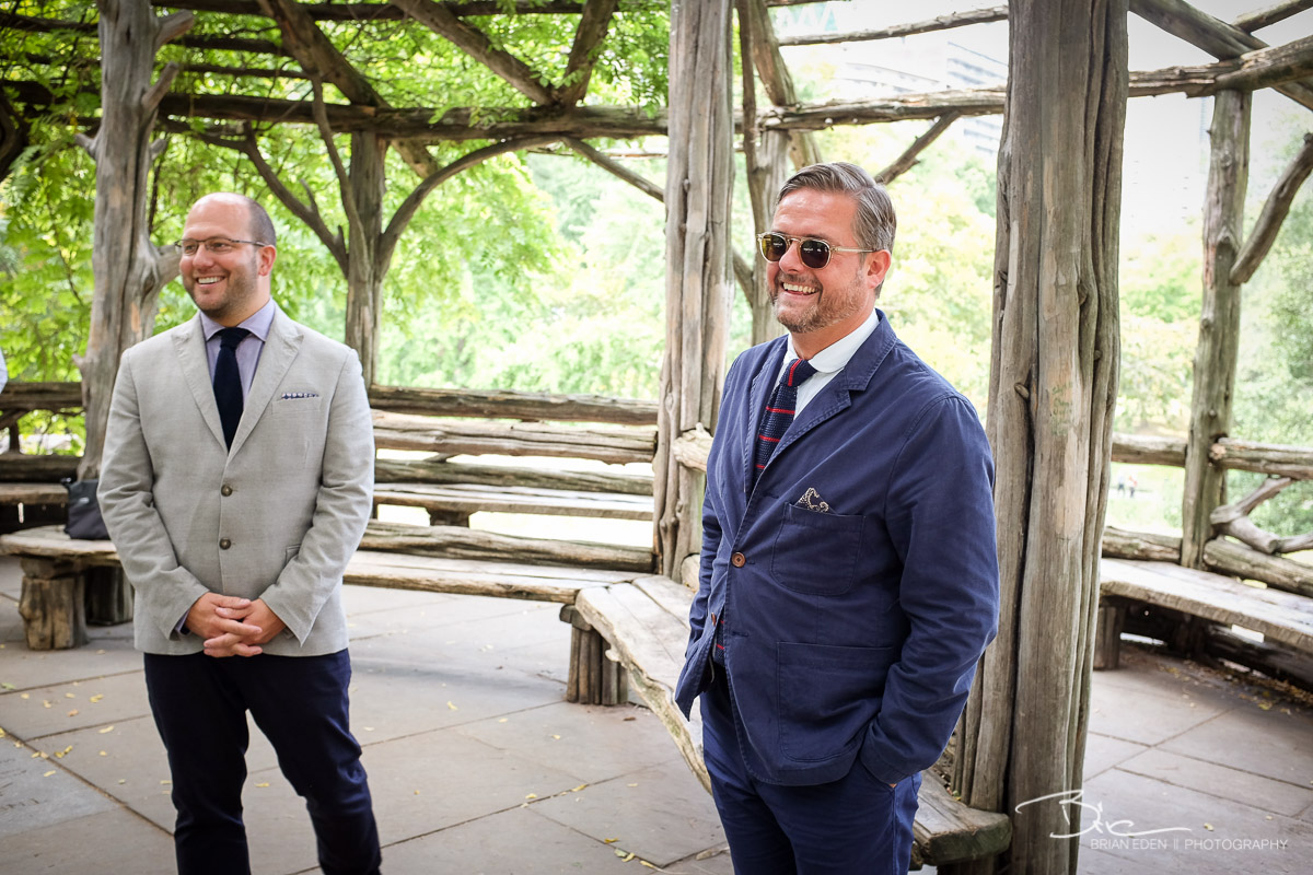 Steve and Nick's wedding took place Inside the Cop Cot , a rustic wooden gazebo on the crest of a hill at the southeast corner of Central Park 