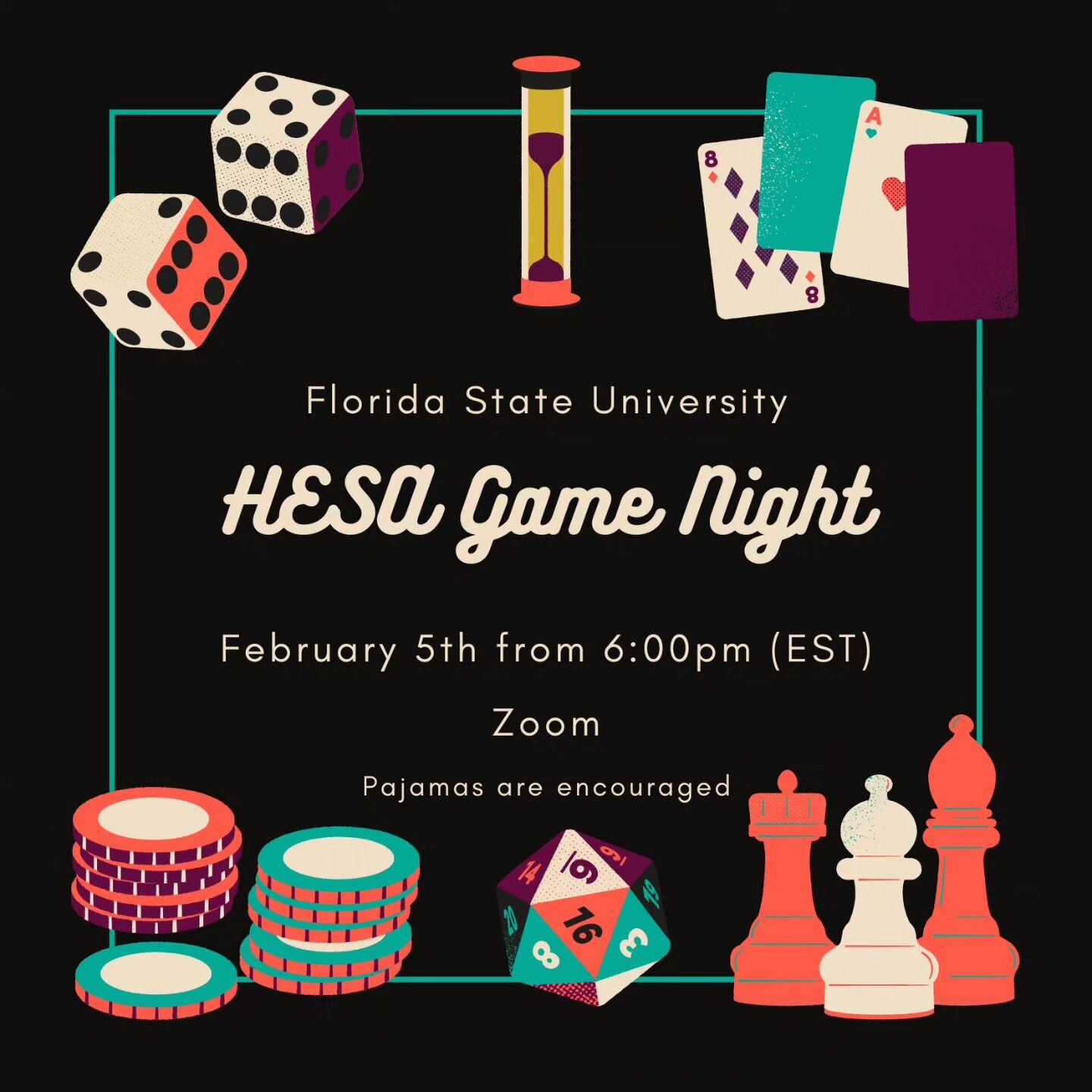 Time update!!! see you all virtually at 6:00pm.

Join us for a full night of games via Zoom with our prospective students! Zoom link in Bio to participate! 🎮♟️🎲🎯🕹🏸
#Visdays#HESA