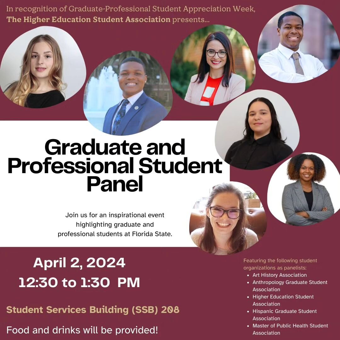 🗣Happening April 2nd! Graduate Student and Professional Student Panel from 12:30 p.m. - 1:30 p.m. Join us for the conversation around various perspectives of their experiences!
#HESA #FSUHESA
