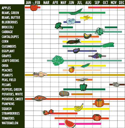 A sample in-season produce chart. Get ready for fresh tomatoes and broccoli coming in May!
