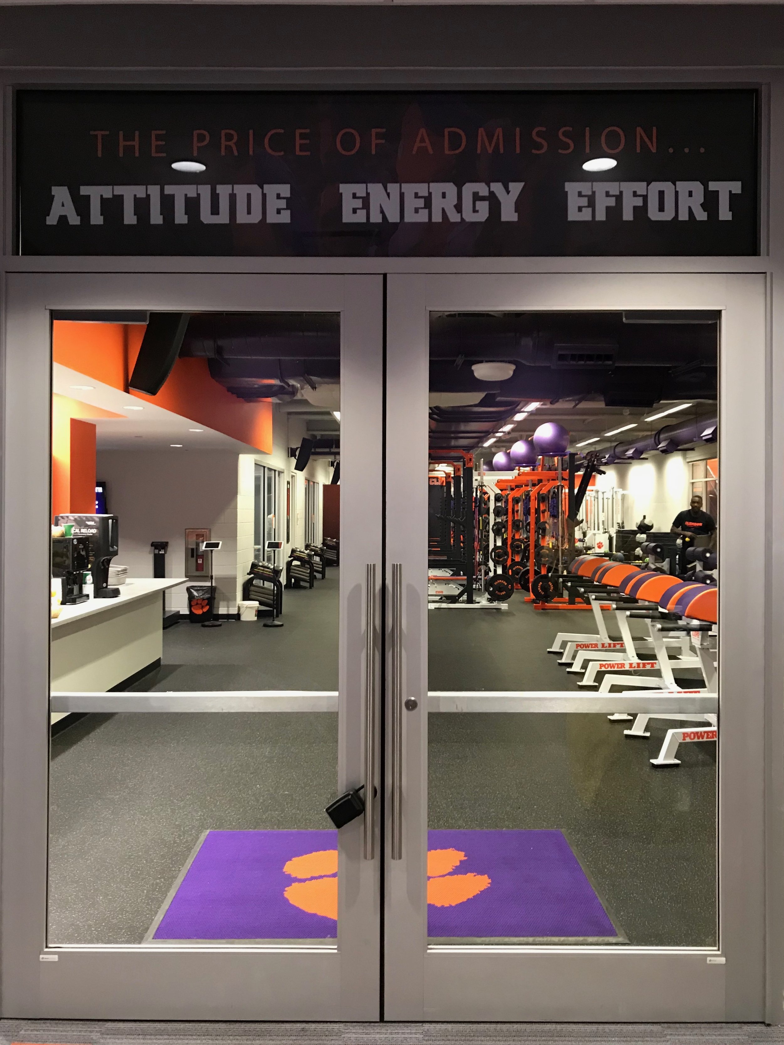 The doors to Clemson’s strength and conditioning facility, where Kaitlyn Cunningham, MS, CSCS, SCCC, works with the women’s basketball team.