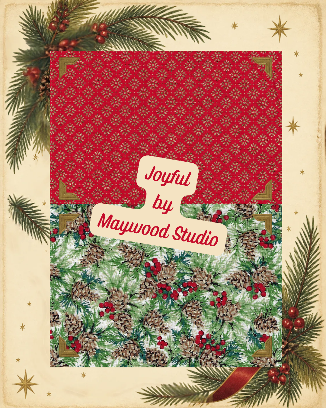 Celebrate the holiday season with this coordinating pair of Joyful cotton fabrics by Maywood Studio.