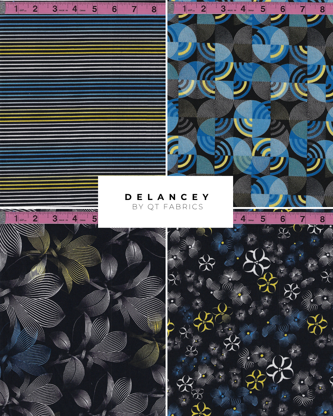 Collection of cotton fabrics with dark navy blue backgrounds featuring floral, geometric circle, and multicolor stripe patterns in blue, white, yellow, and gray