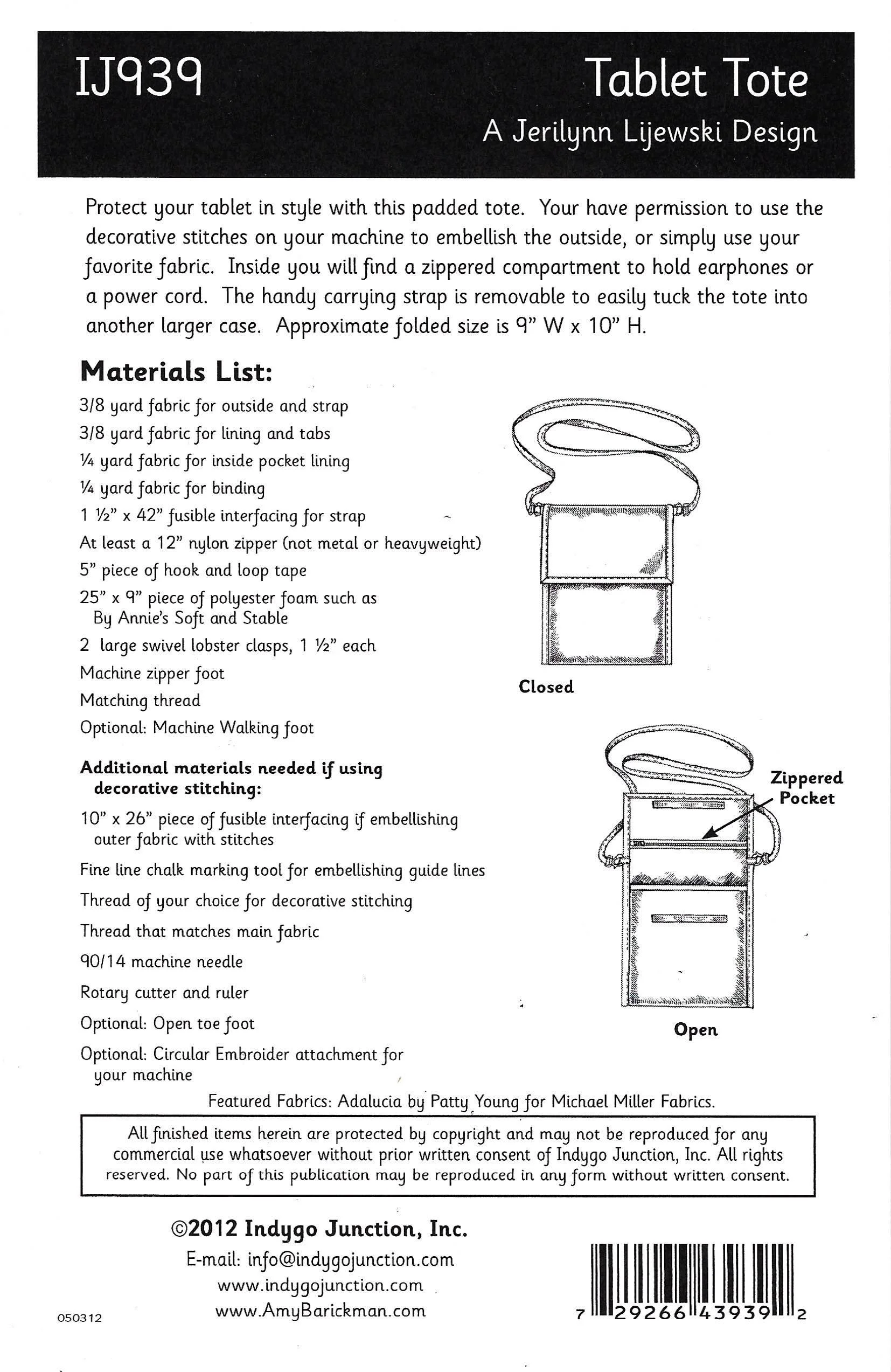 Indygo Junction Tablet Tote Pattern for sewing your own bag with zippered compartment