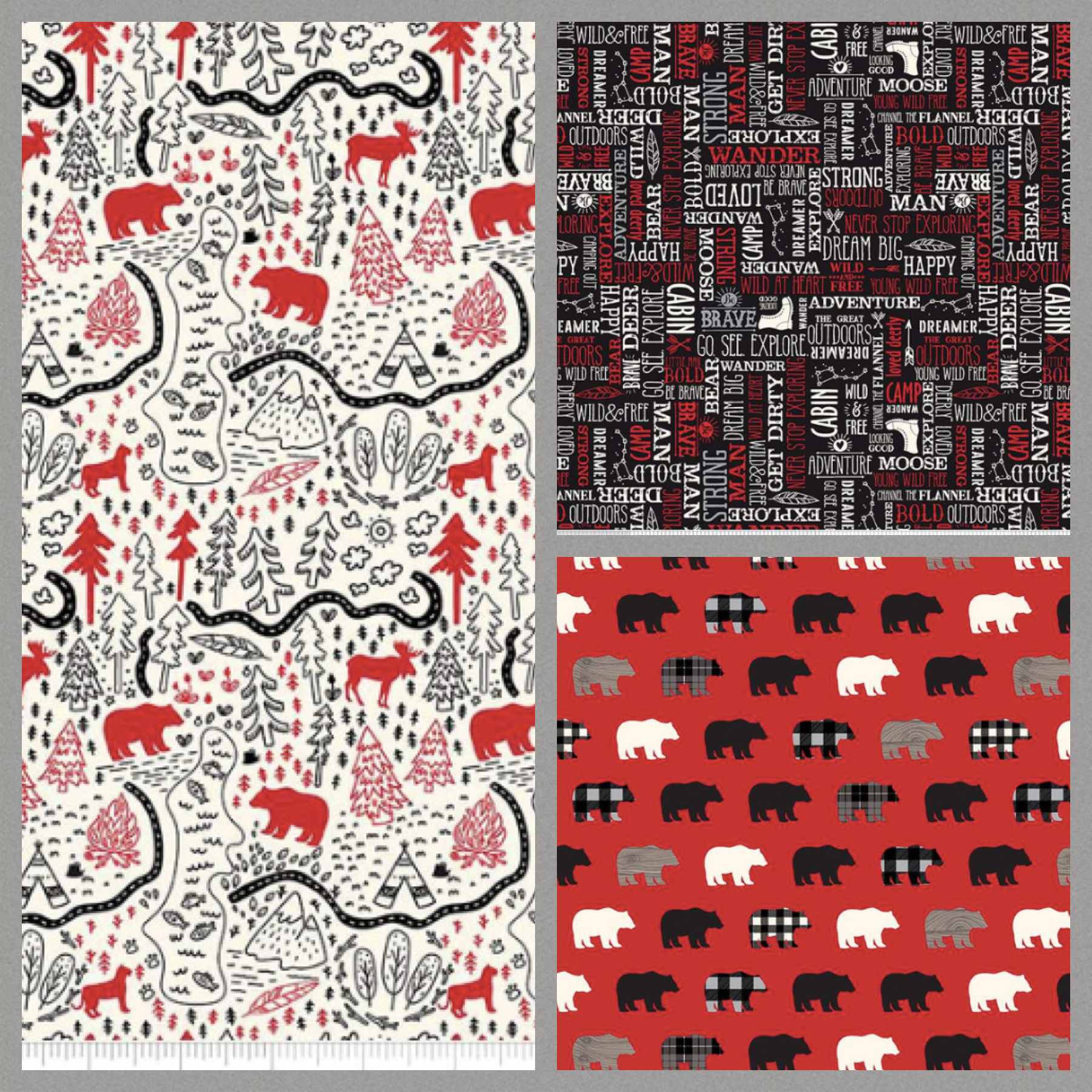 wild at heart, Riley Blake Designs, map on cream, bears on red, words on black, rustic, bears, fabric, cotton, sewing, quilting, crafts, garments, fabric mart