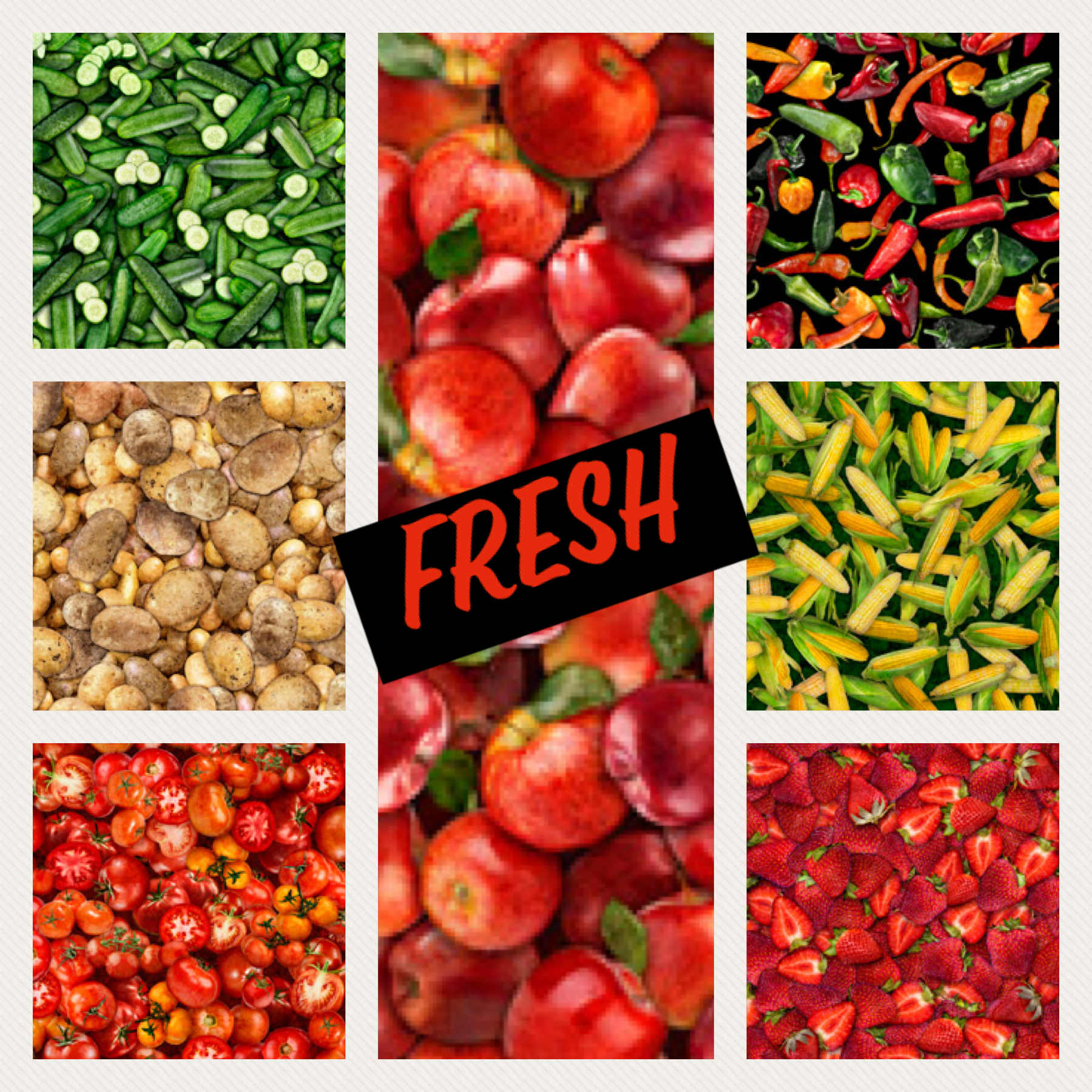 Fresh from Quilting Treasures features realistic prints of fruits and vegetables strawberries, corn, cucumbers, Chilli Peppers, tomatoes, potatoes for sewing crafting and quilting