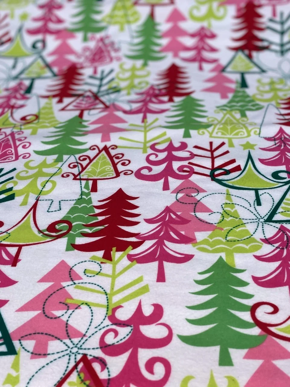 Cotton Flannel Fabric by Michael Miller Christmas Trees Pink Red Green Directional
