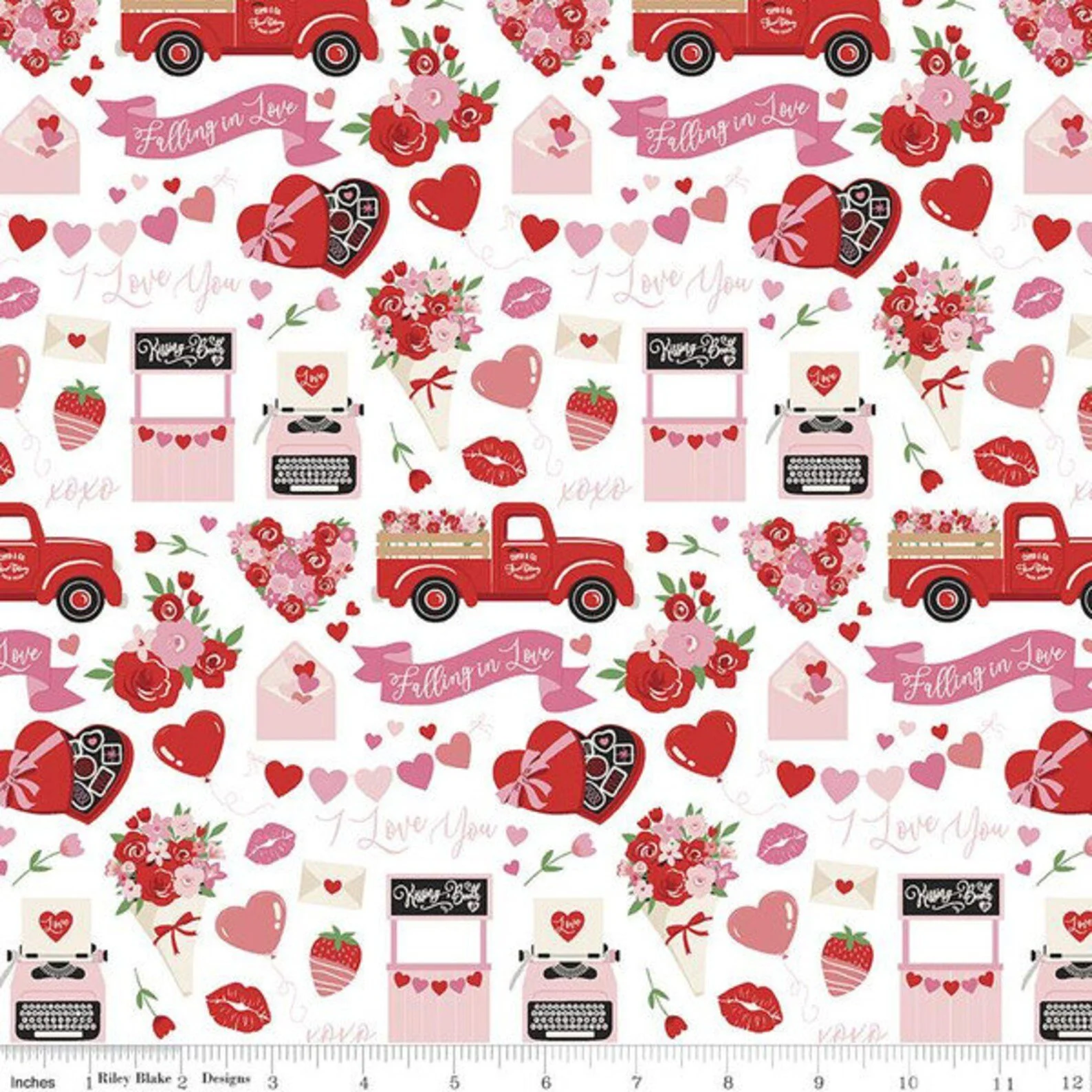 Riley Blake falling in love cotton fabric features pinks and reds with plaids, swirls and prints for valentines day