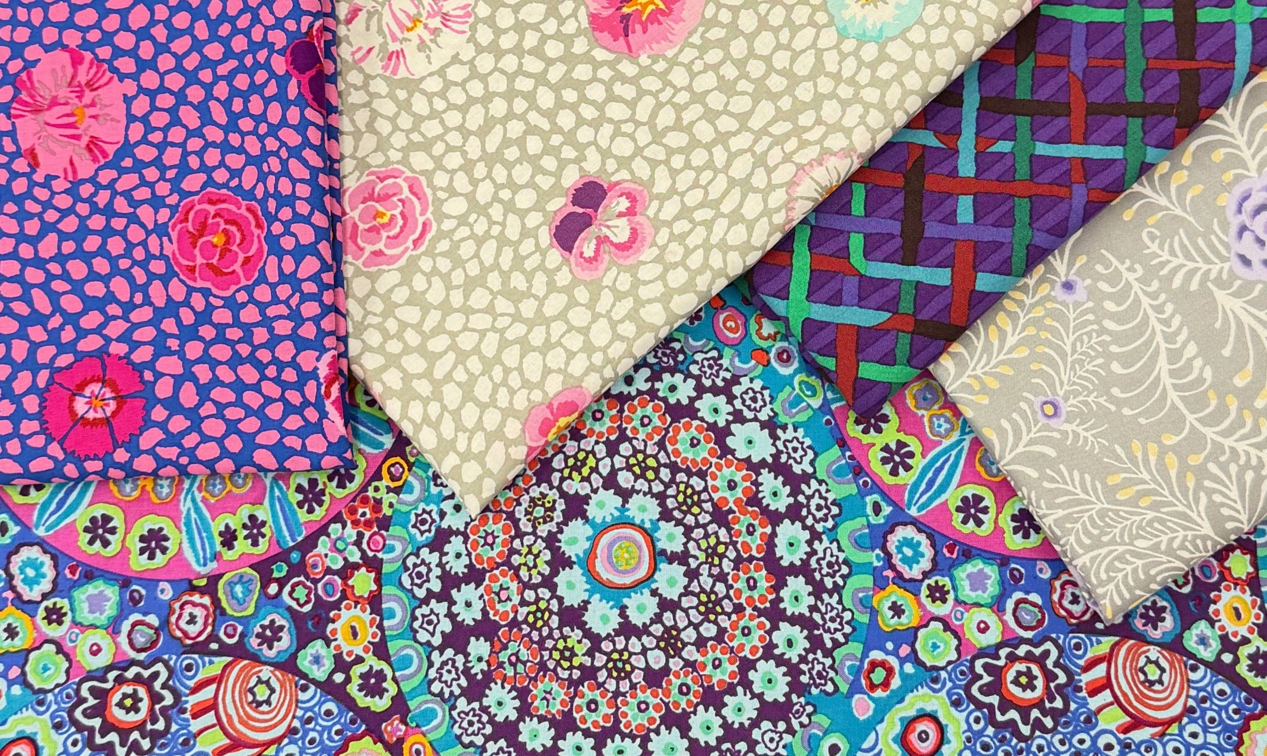 Kaffe Fassett Classics, FreeSpirit Fabrics, quilting cotton, Guinea Flower fabric, Mad Plaid, Millefiore, Ferns fabric, 100% cotton, textile design, colorful fabric,  geometric plaid