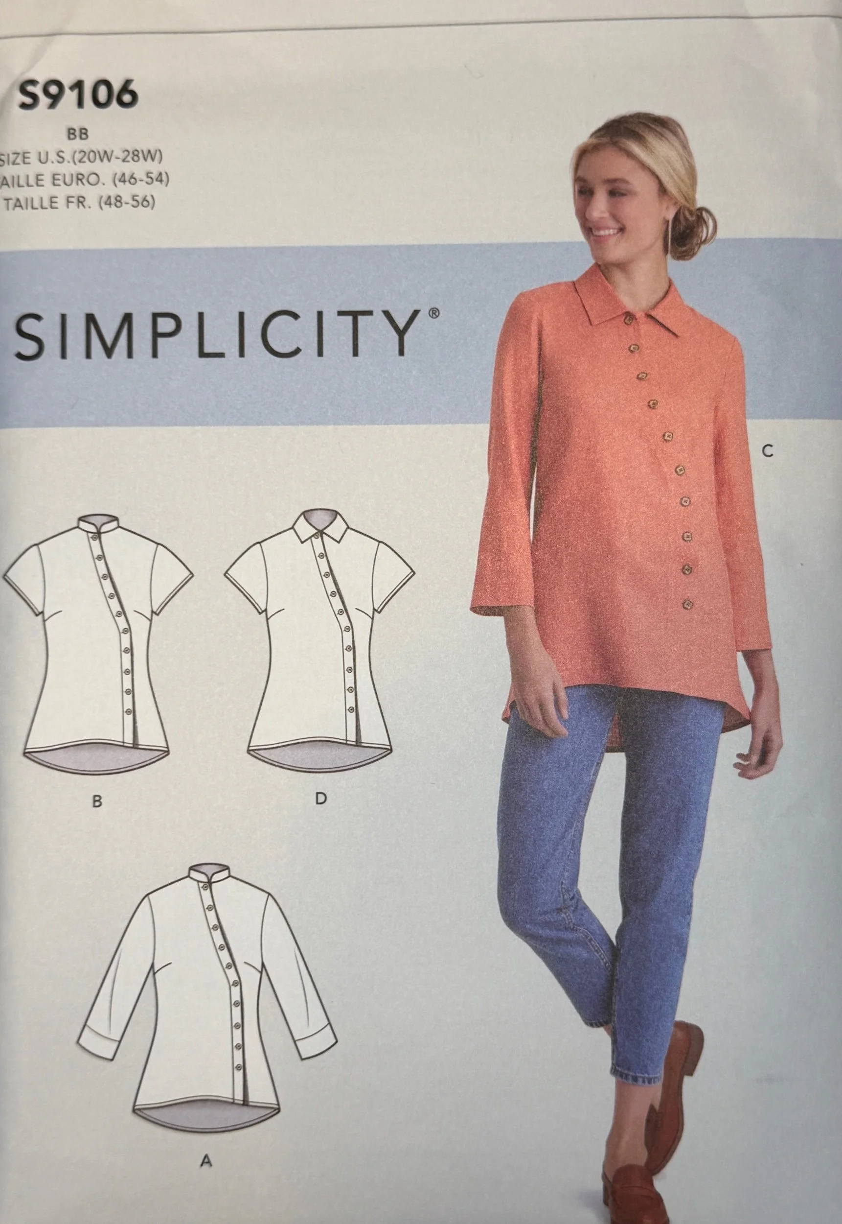 Simplicity S9106 misses' and women's button-front shirt sewing pattern featuring collar and sleeve variations, with size options 10–18 and 20W–28W.