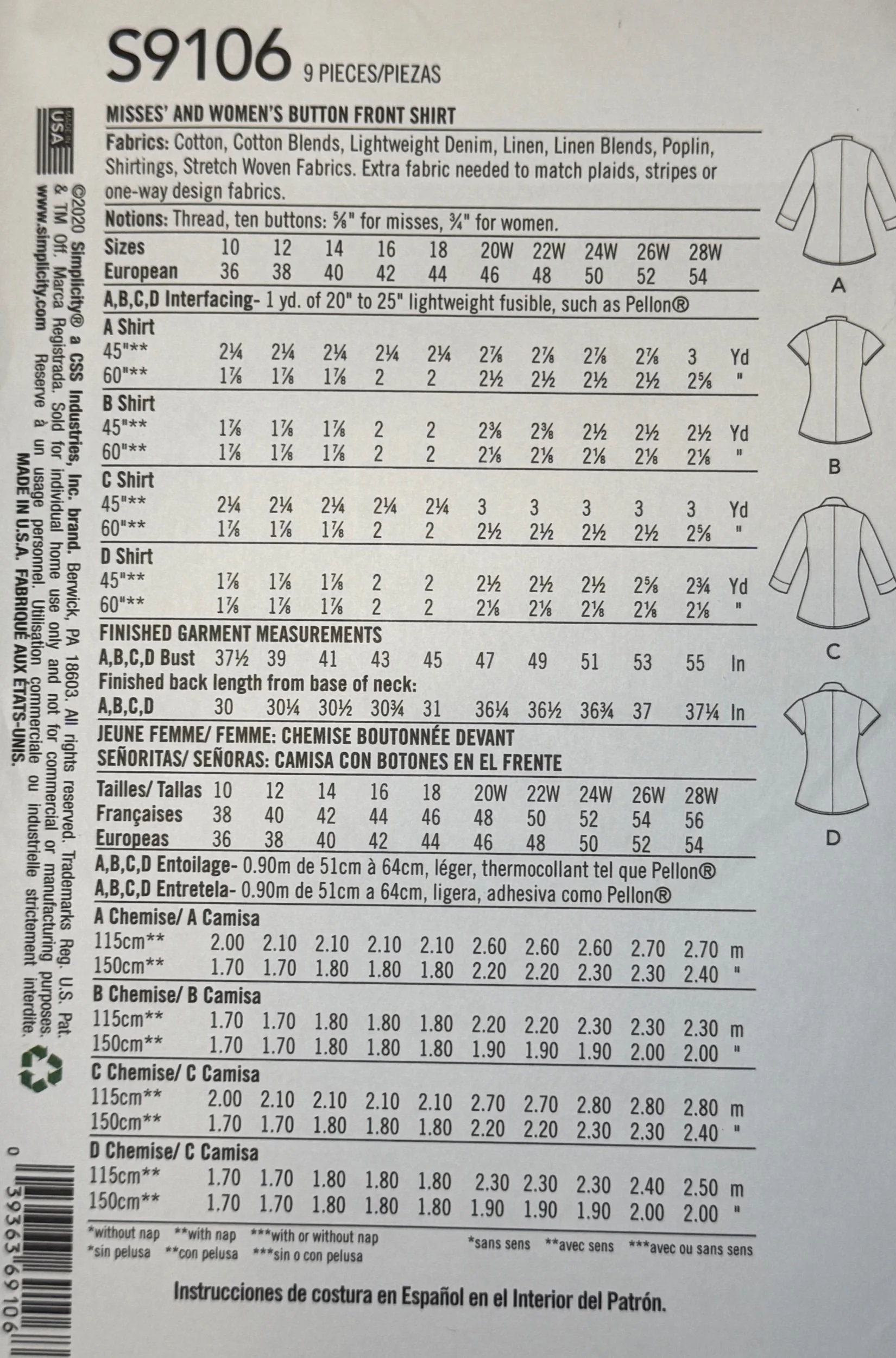 Simplicity S9106 misses' and women's button-front shirt sewing pattern featuring collar and sleeve variations, with size options 10–18 and 20W–28W.