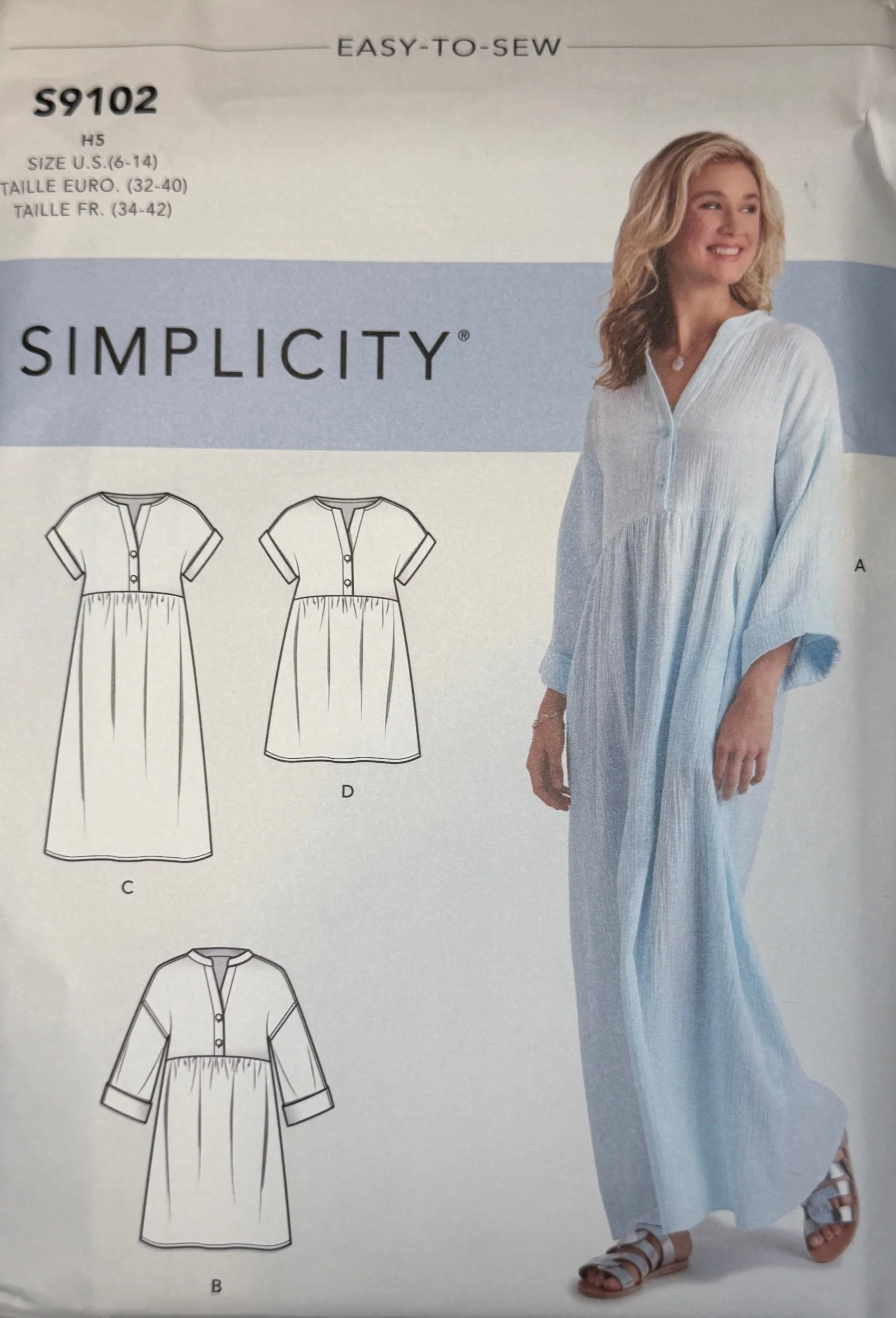 Simplicity S9102 Easy-to-Sew women's caftan and dress sewing pattern featuring button-front designs with sleeve and length variations.