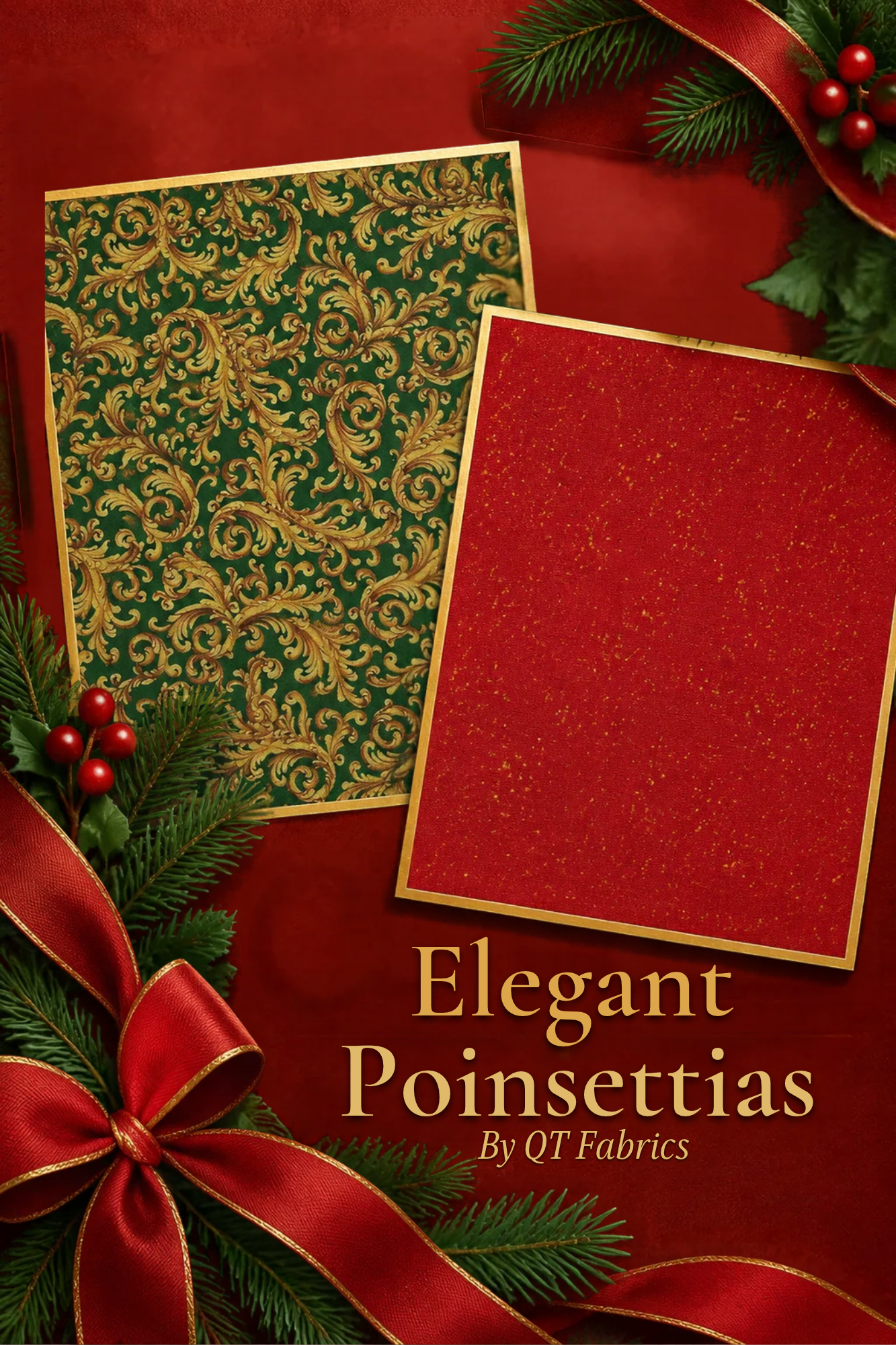 QT Fabrics. Featuring elegant gold scrollwork on a deep green background and a rich red fabric with delicate gold speckles, these festive prints are perfect for Christmas quilts, table runners, placem