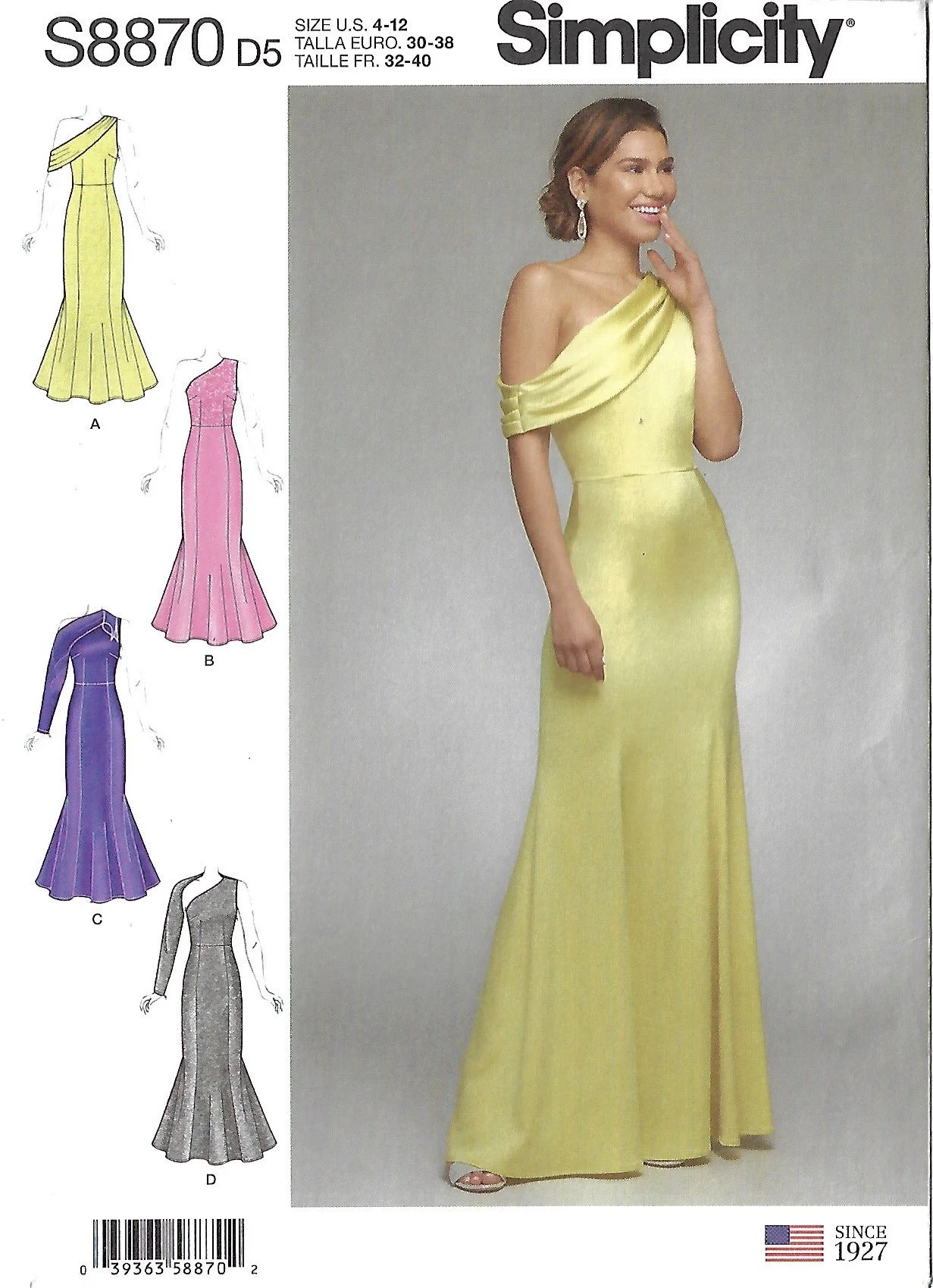 Simplicity 8870 misses’ petite dress sewing pattern featuring four elegant mermaid-style floor-length dress variations with a fitted bodice and flared skirt.