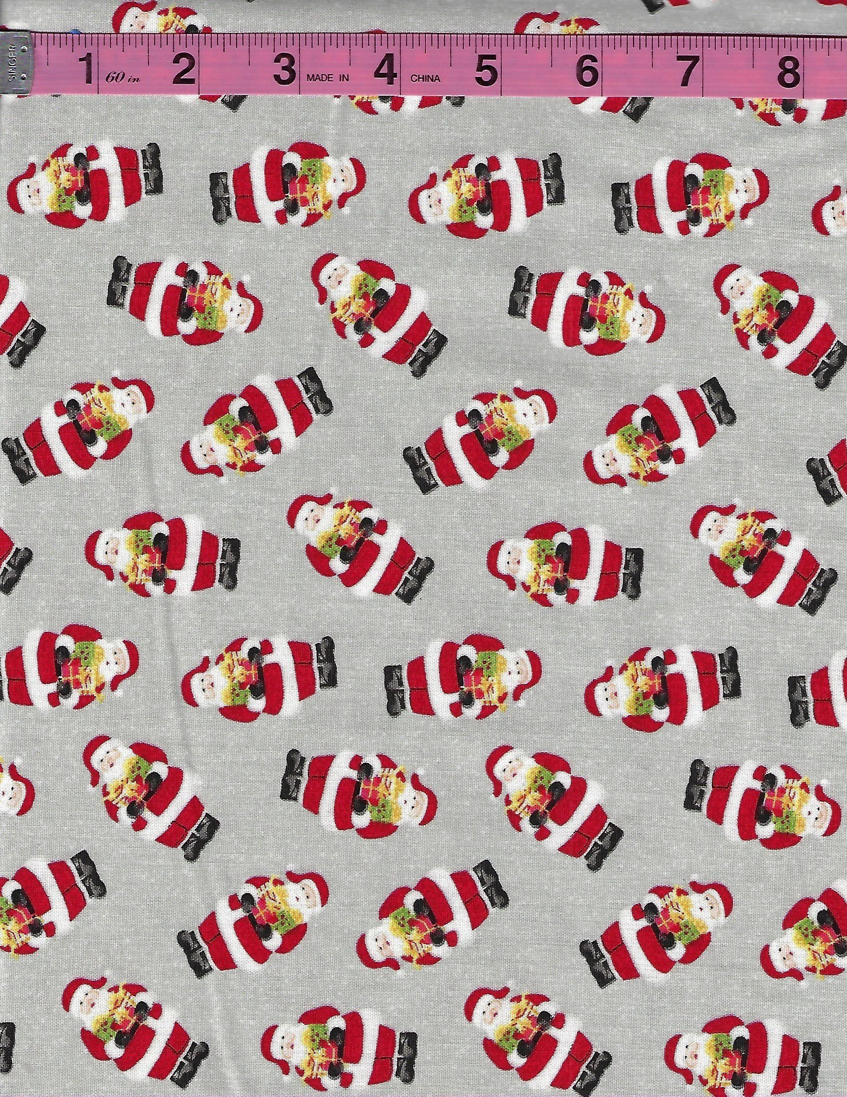 Santa Claus figures in red suits with black boots carrying colorful holiday gifts on a light gray background, perfect for Christmas quilting and holiday sewing projects.
