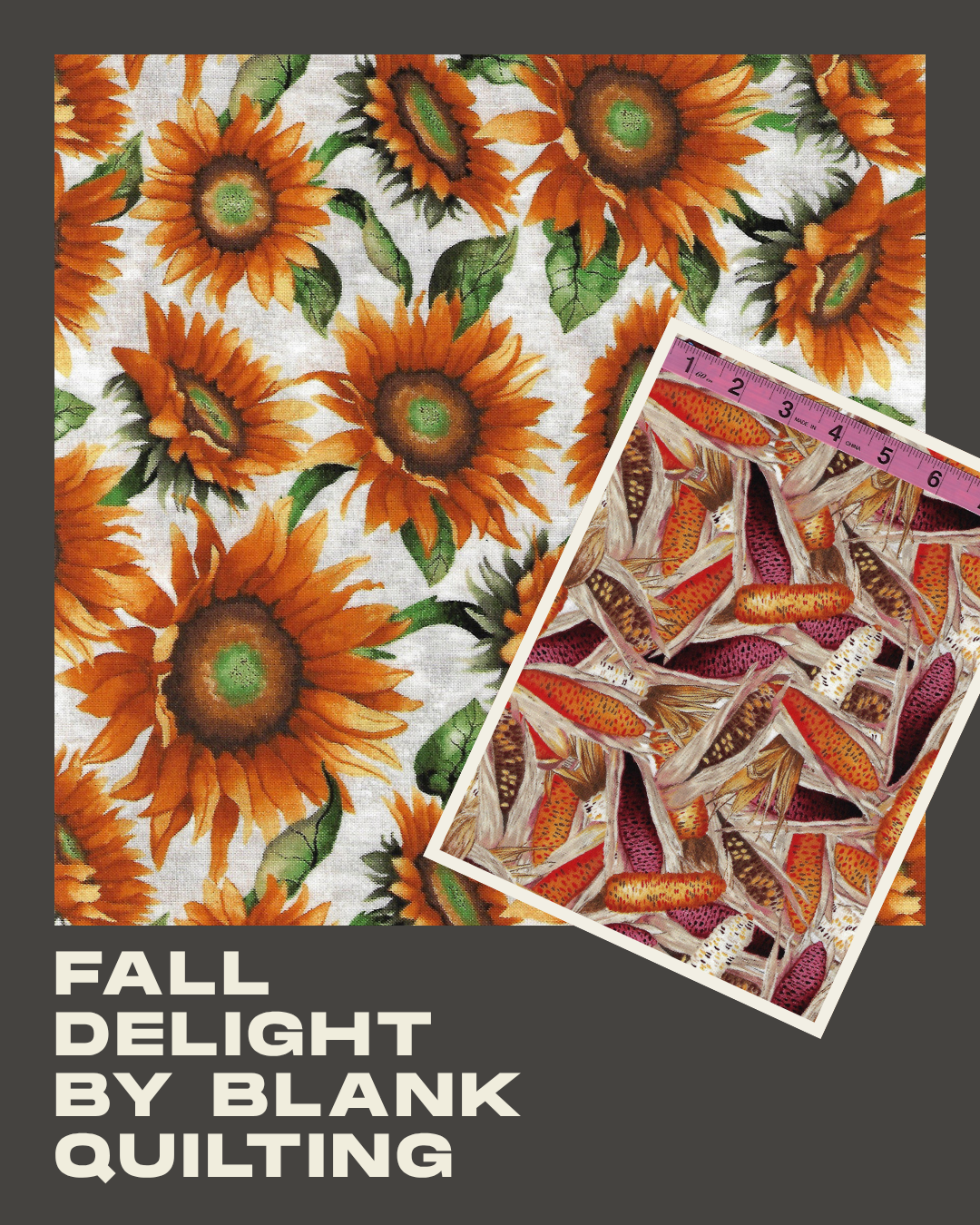 Collection of cotton fabrics featuring colorful corn cobs and bright orange sunflowers on light backgrounds