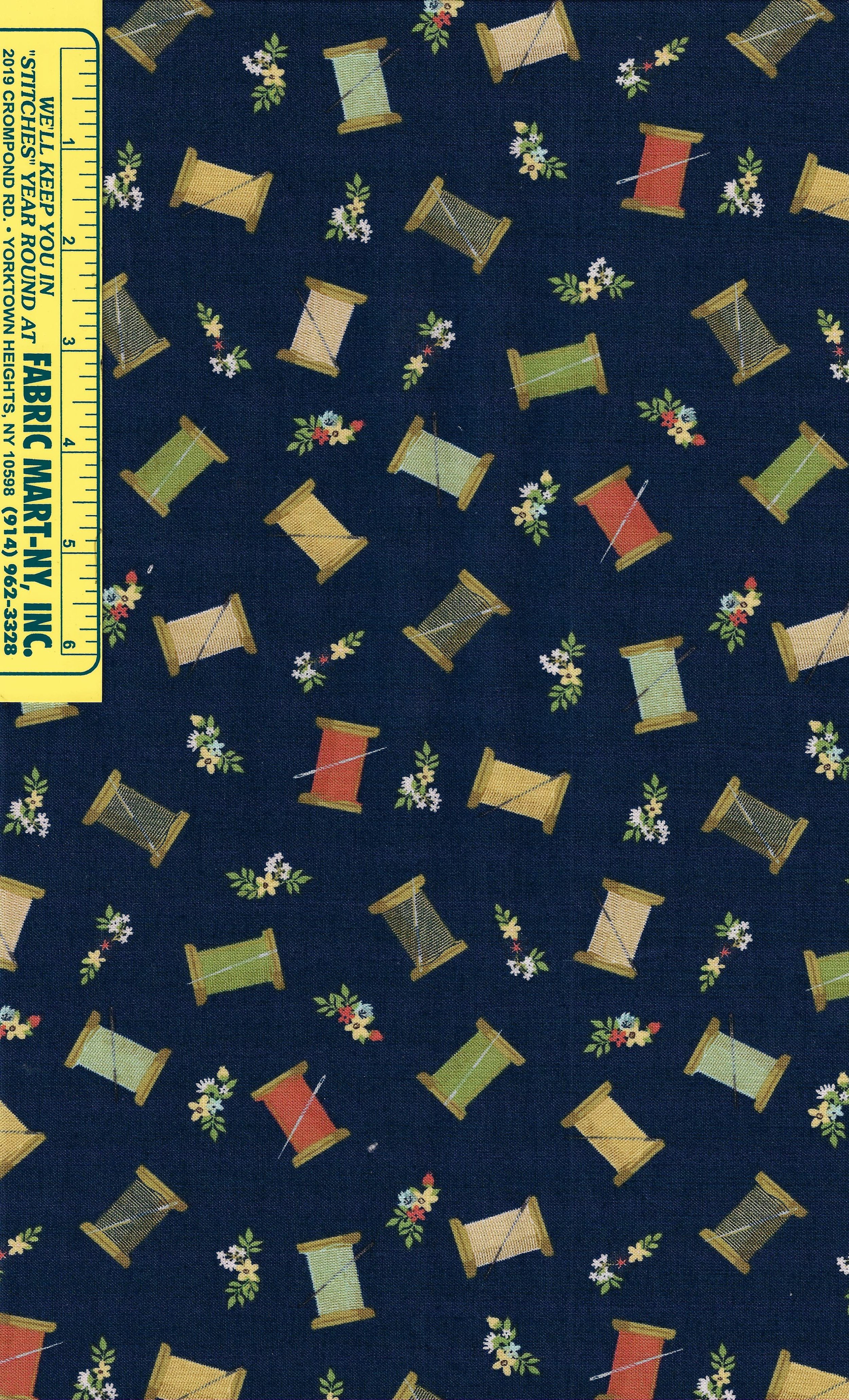 Riley Blake designs Vintage Sewing theme cotton fabric featuring spools of thread, scissors and vintage sewing machines