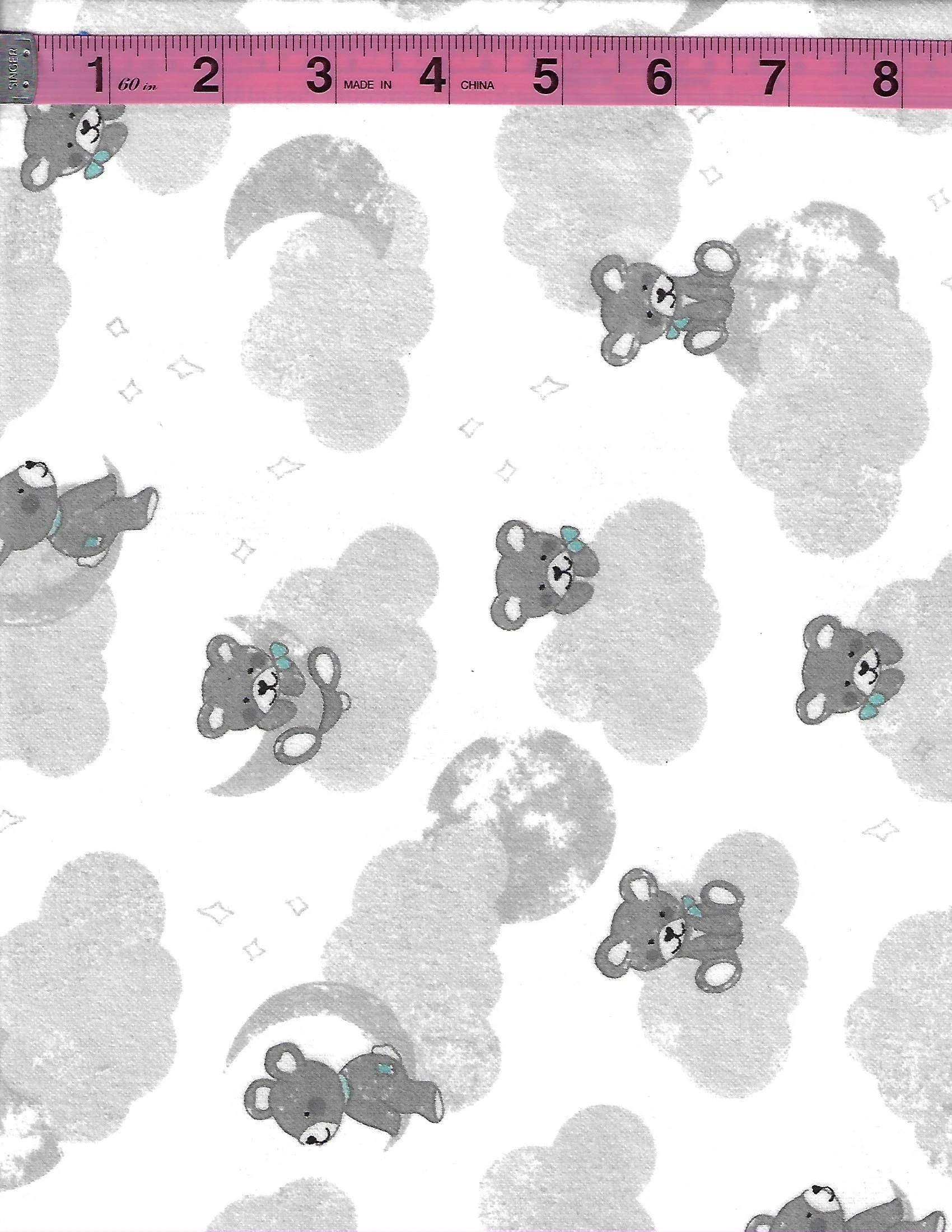 Riley Blake Designs Sleep Tight cotton flannel featuring gray teddy bears on soft gray clouds with small teal accents on a white background.