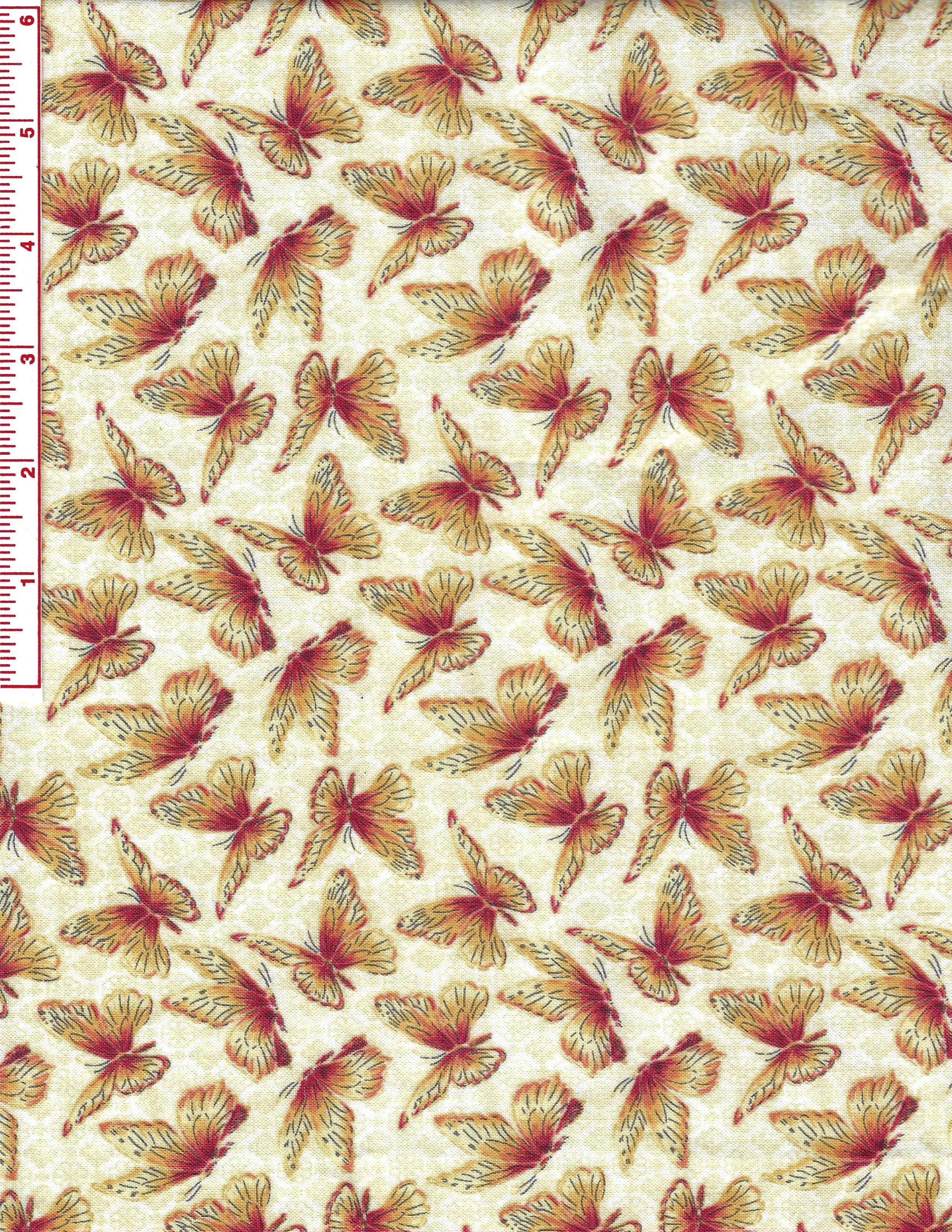 Peacock Pavilion Cotton fabric by Blank Quilting with butterflies featuring hues of gold and red for sewing quilting fashion home dec crafts and more