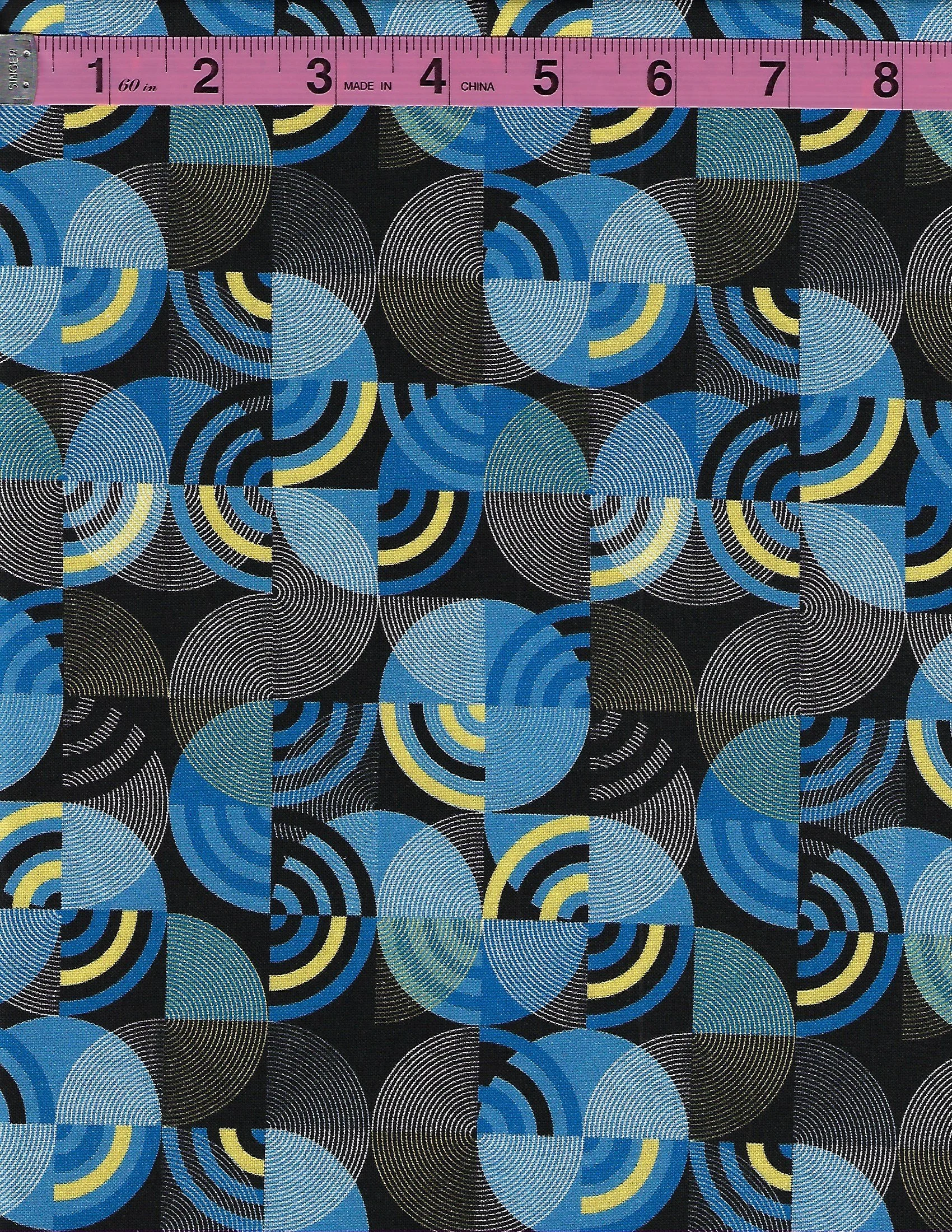 Collection of cotton fabrics with dark navy blue backgrounds featuring floral, geometric circle, and multicolor stripe patterns in blue, white, yellow, and gray