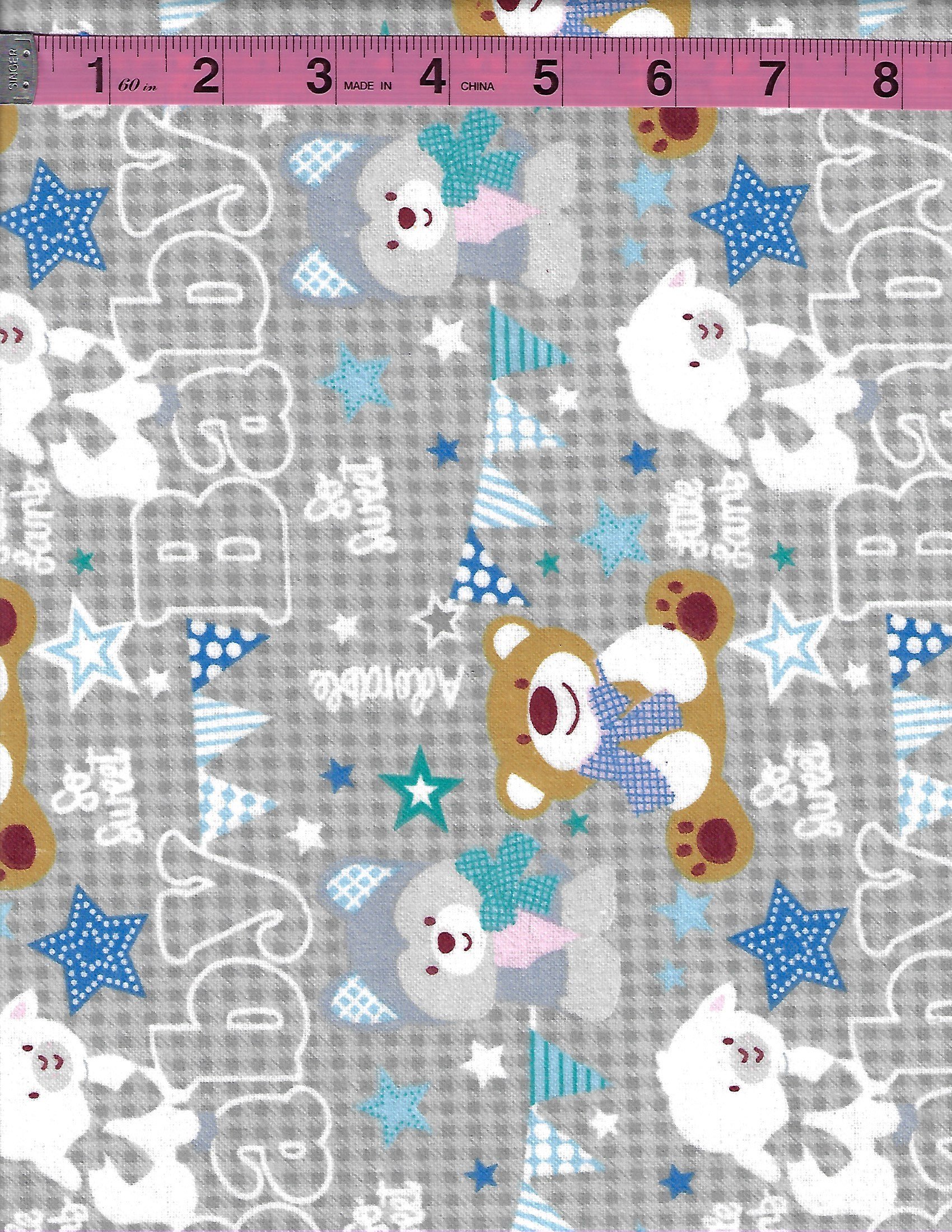 Gray cotton flannel fabric with teddy bears, snowmen, stars, and winter motifs on a plaid background