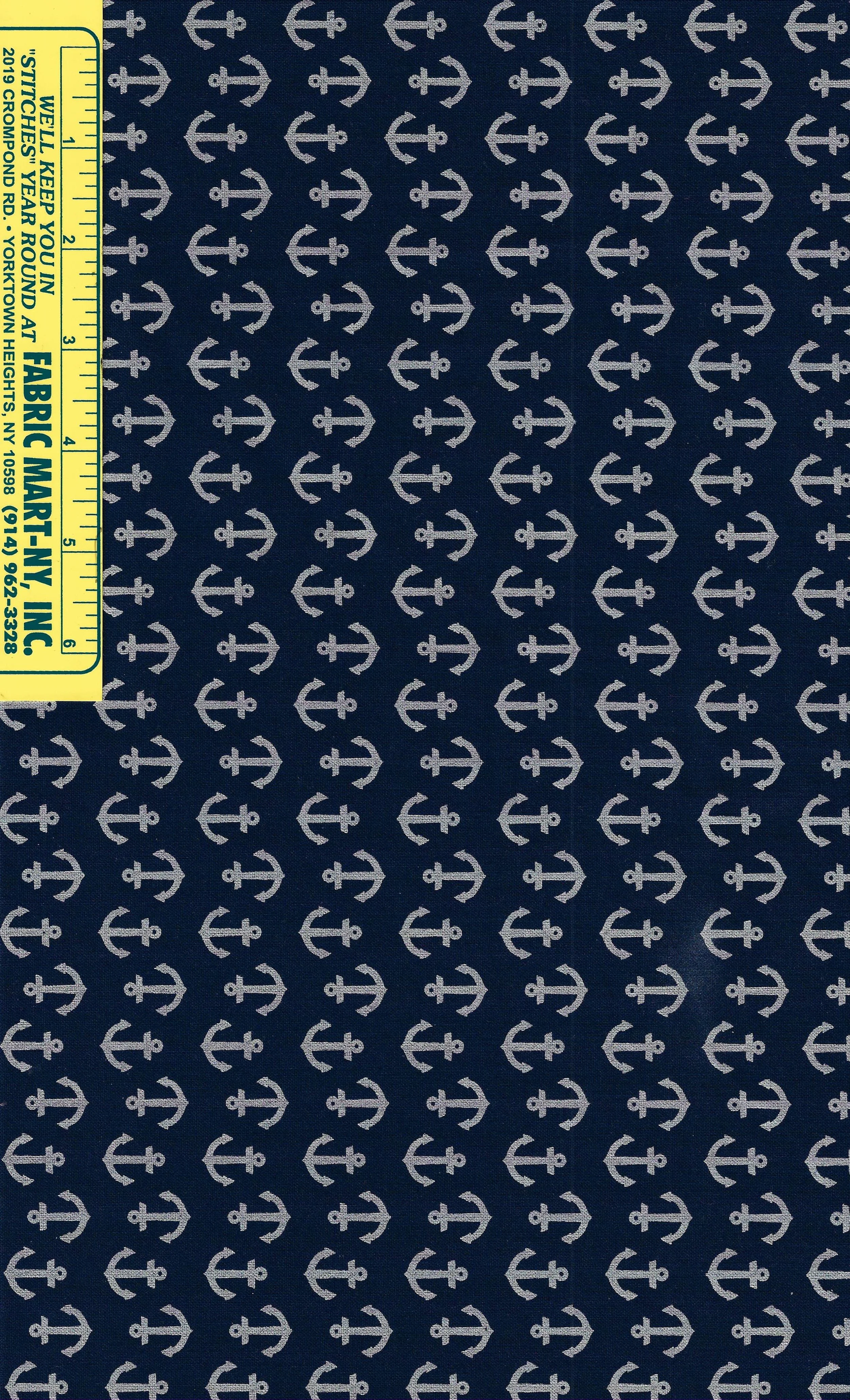 Cotton fabric for sewing and quilting silver anchors on dark blue background by waverly