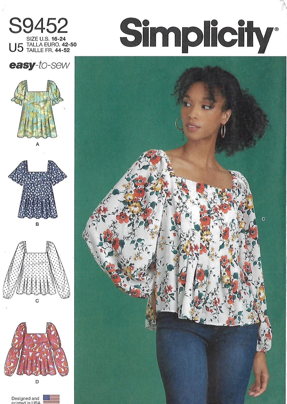 Simplicity S9452 women’s sewing pattern for easy-to-sew gathered tops and tunics, sizes 6–24, with square neckline and sleeve variations.