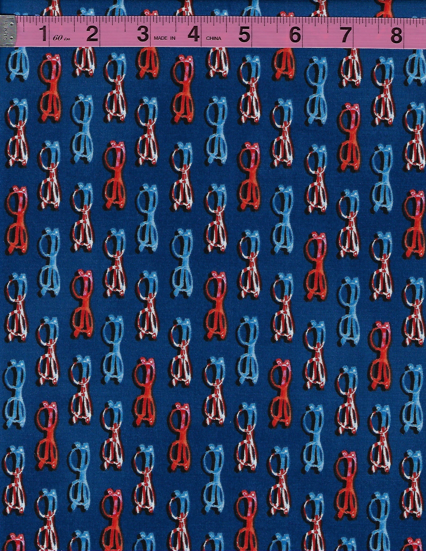 Henry Glass Star Spangled Summer fabric in navy blue with a scattered novelty print of eyeglasses in red, white, and blue