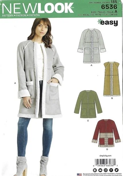 New Look 6536 easy women’s sewing pattern for coats and vest with long and short outerwear designs, patch pockets and trim details, sizes XS-XL