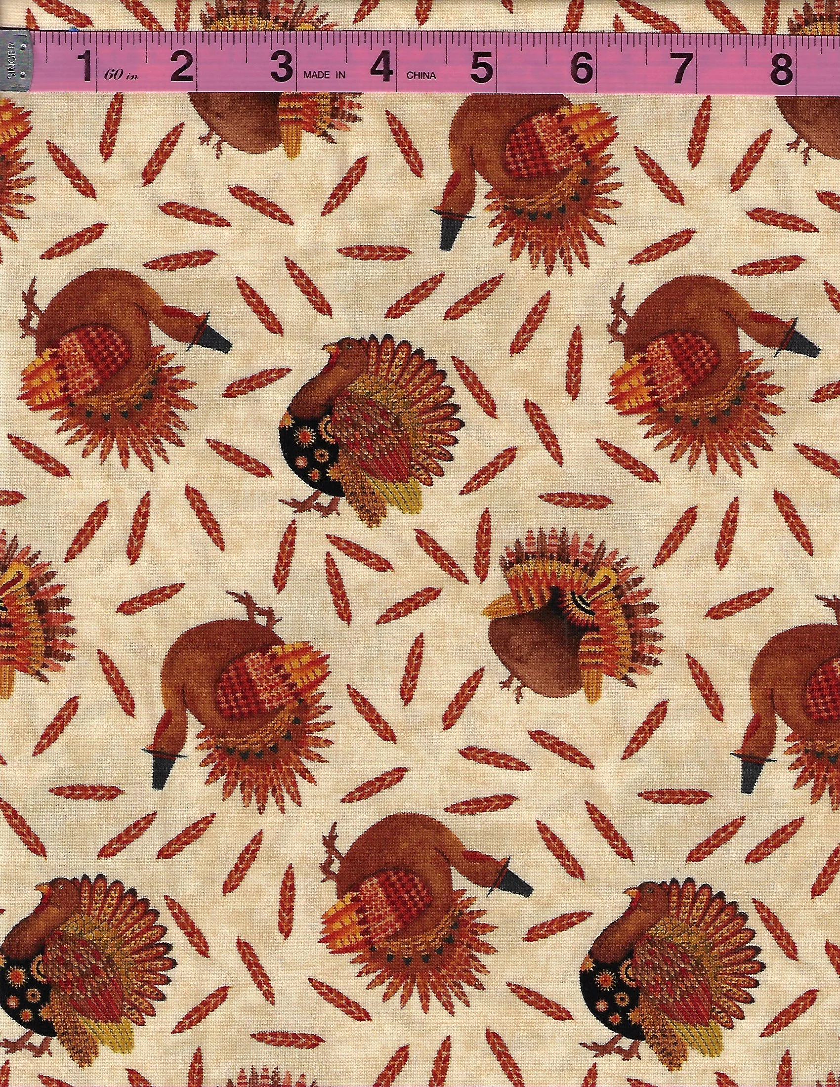 Give Thanks 2 by Blank Quilting coordinating cotton fabric collection featuring Thanksgiving and fall designs including scarecrows, birds, colorful dots, acorns, and turkeys in autumn colors.