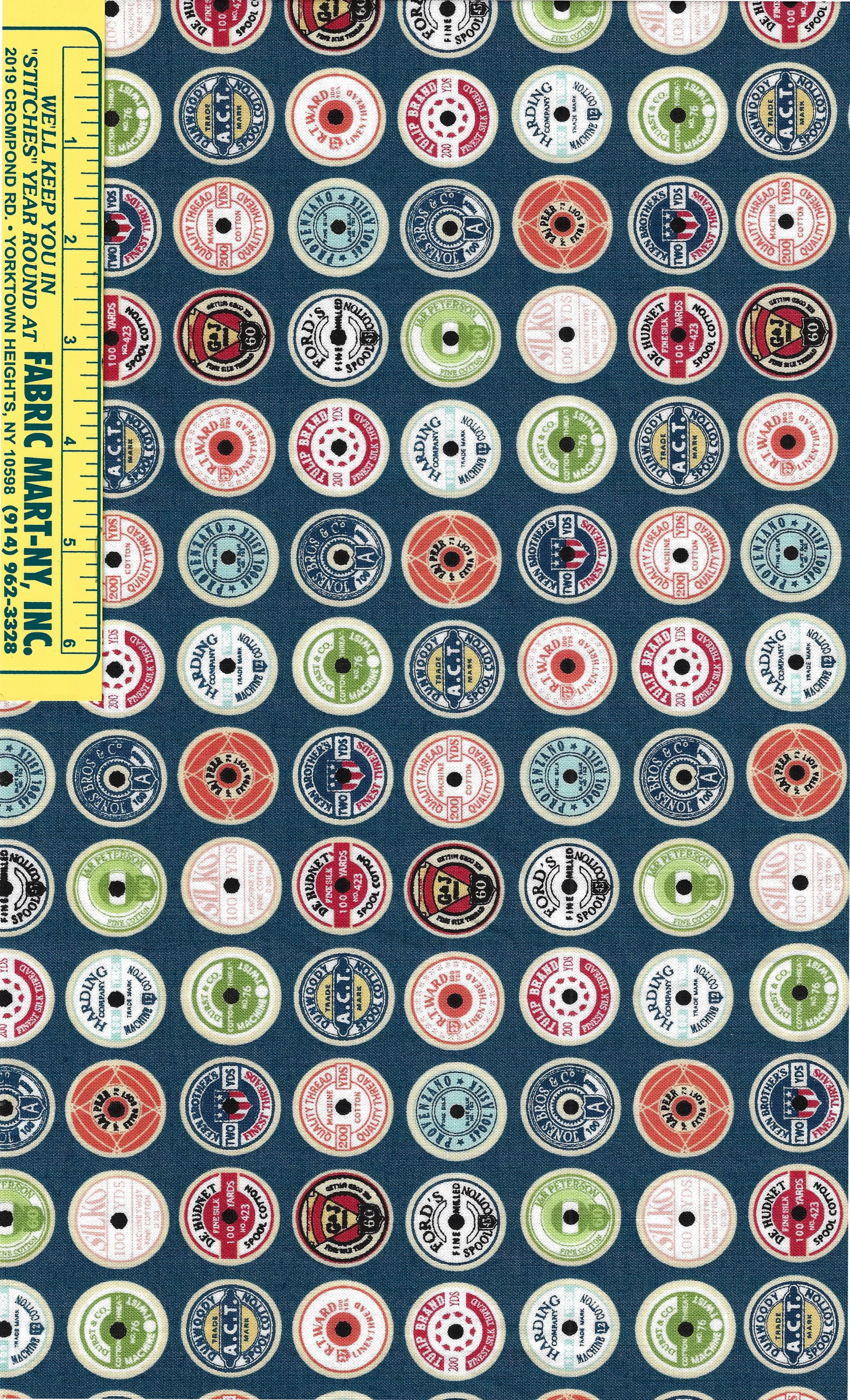 Riley Blake designs Vintage Sewing theme cotton fabric featuring spools of thread, scissors and vintage sewing machines