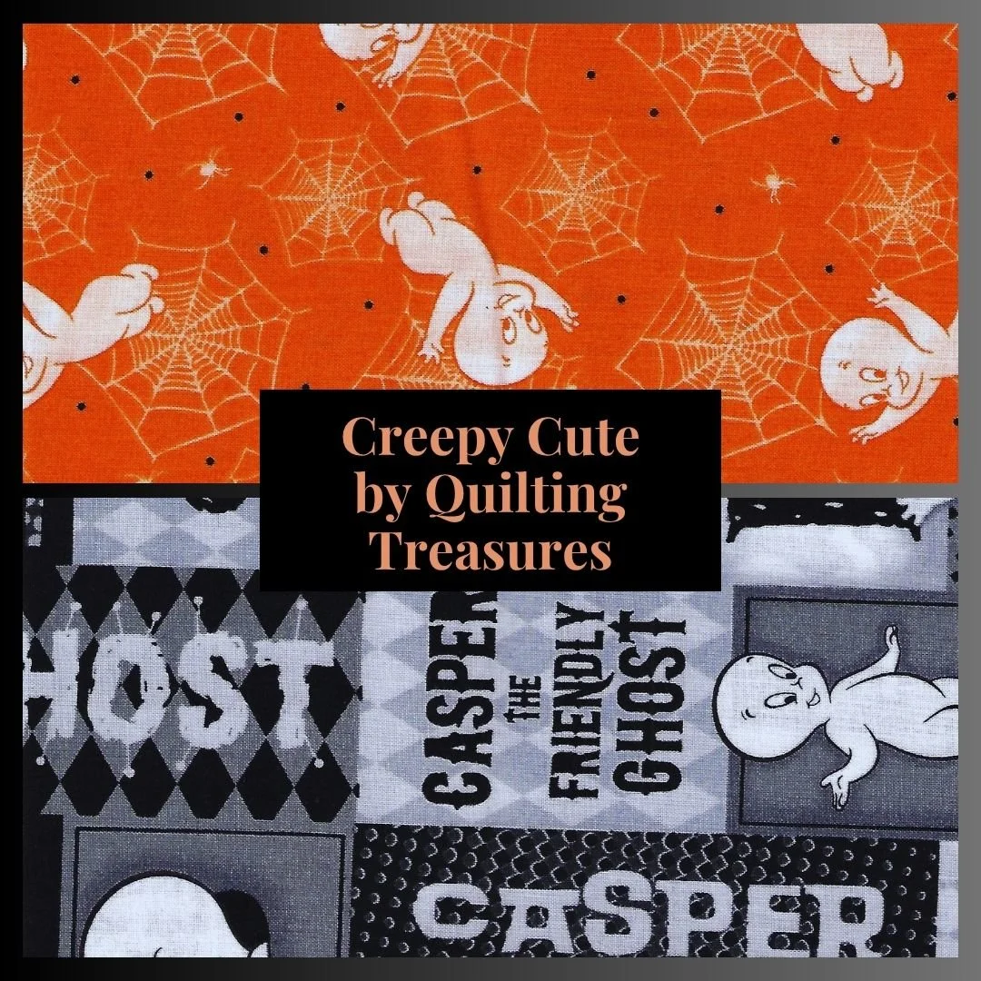 Creepy Cute by Quilting Treasures Halloween cotton fabric featuring white ghosts and spiderwebs on orange, plus coordinating black and gray ghost patchwork print.